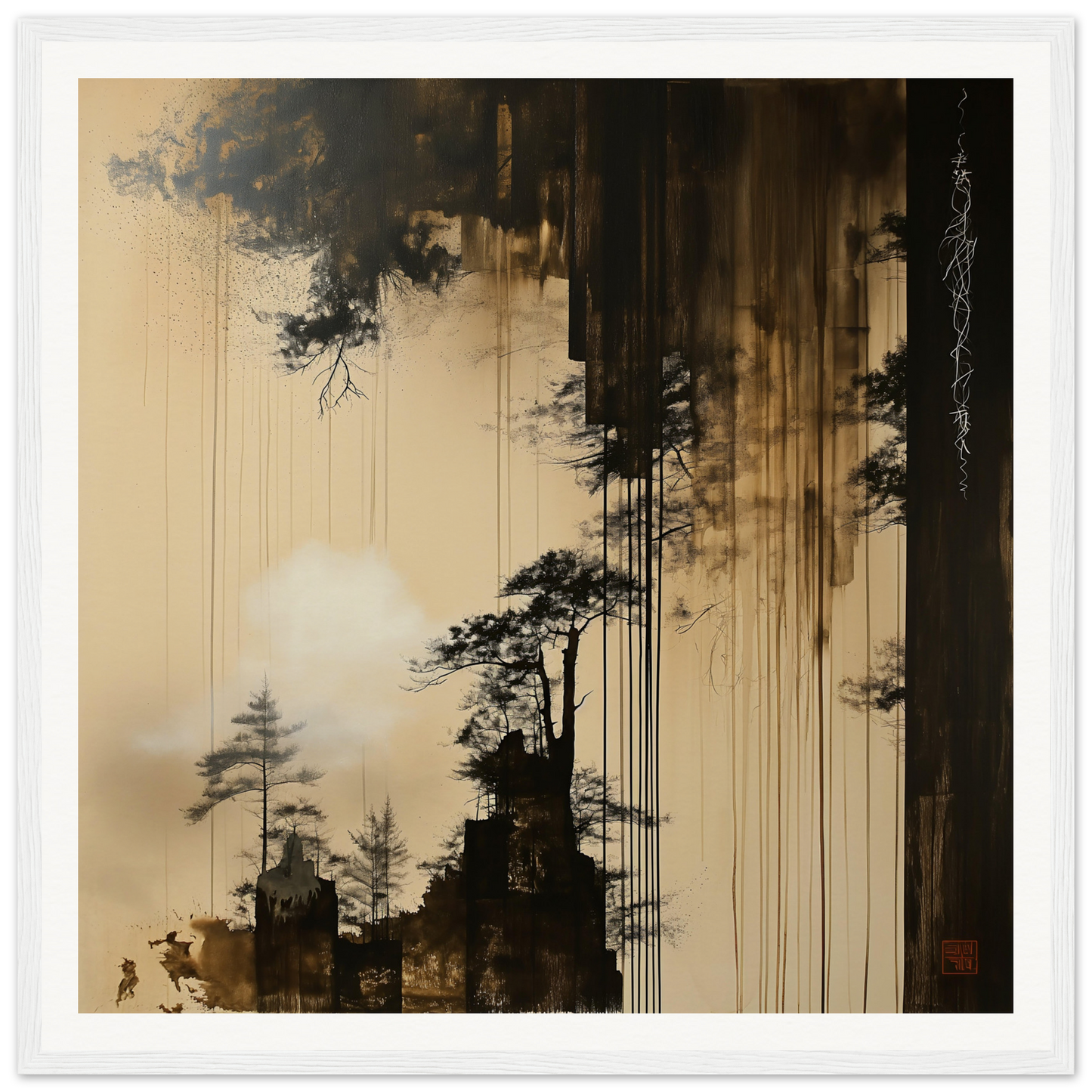 Silhouetted pine trees in misty sepia sky for Timeless Ink Grove special edition art™