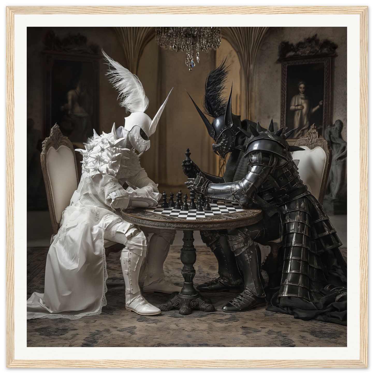 Two armored figures play chess at a table in Armor’s Silent Gambit special edition art™