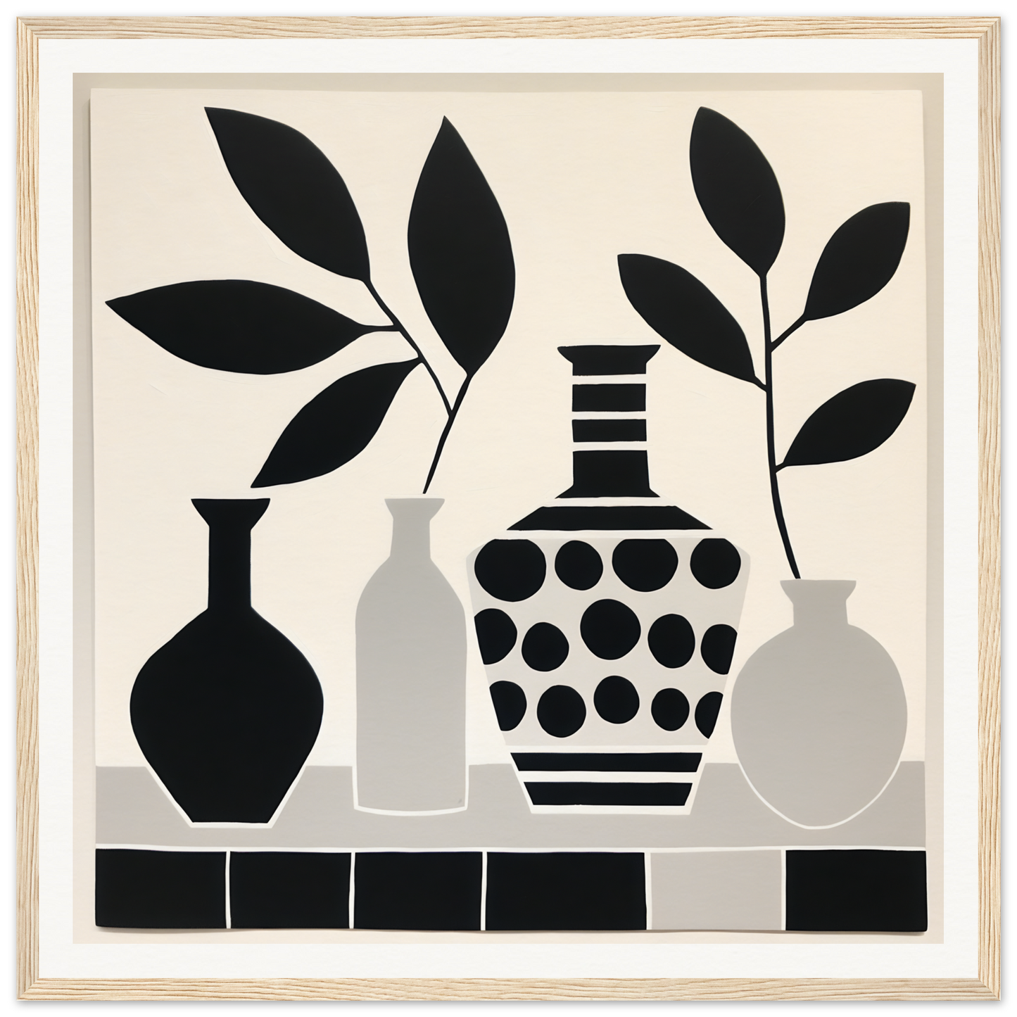 Black and white silhouettes of vases and plants in Botanical Vessel Dreamscape art