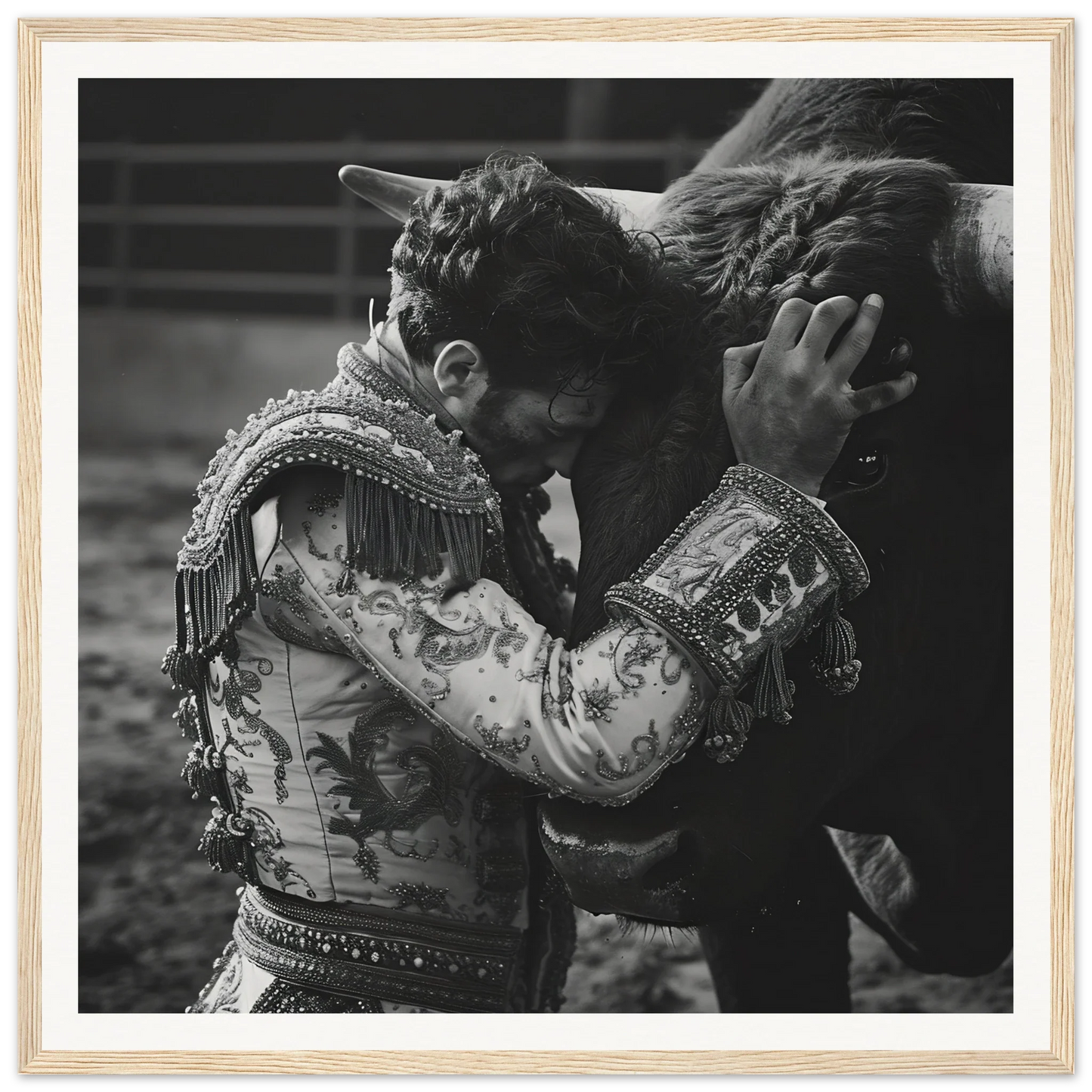 Matador in embroidered jacket embracing a bull for Bullring Reverie Communion art