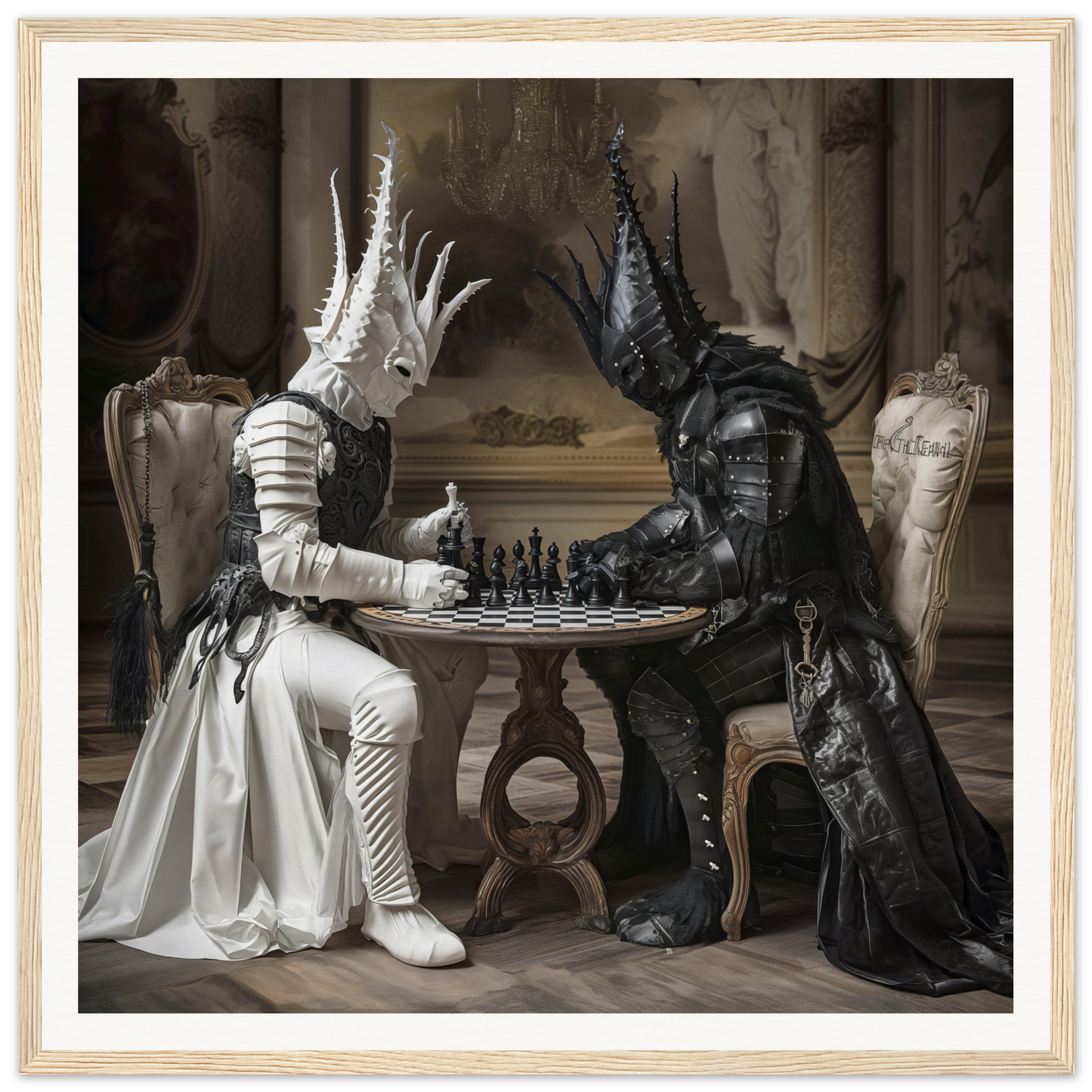 Two figures in stylish black and white costumes playing chess in Chessmen Mystics’ Duel