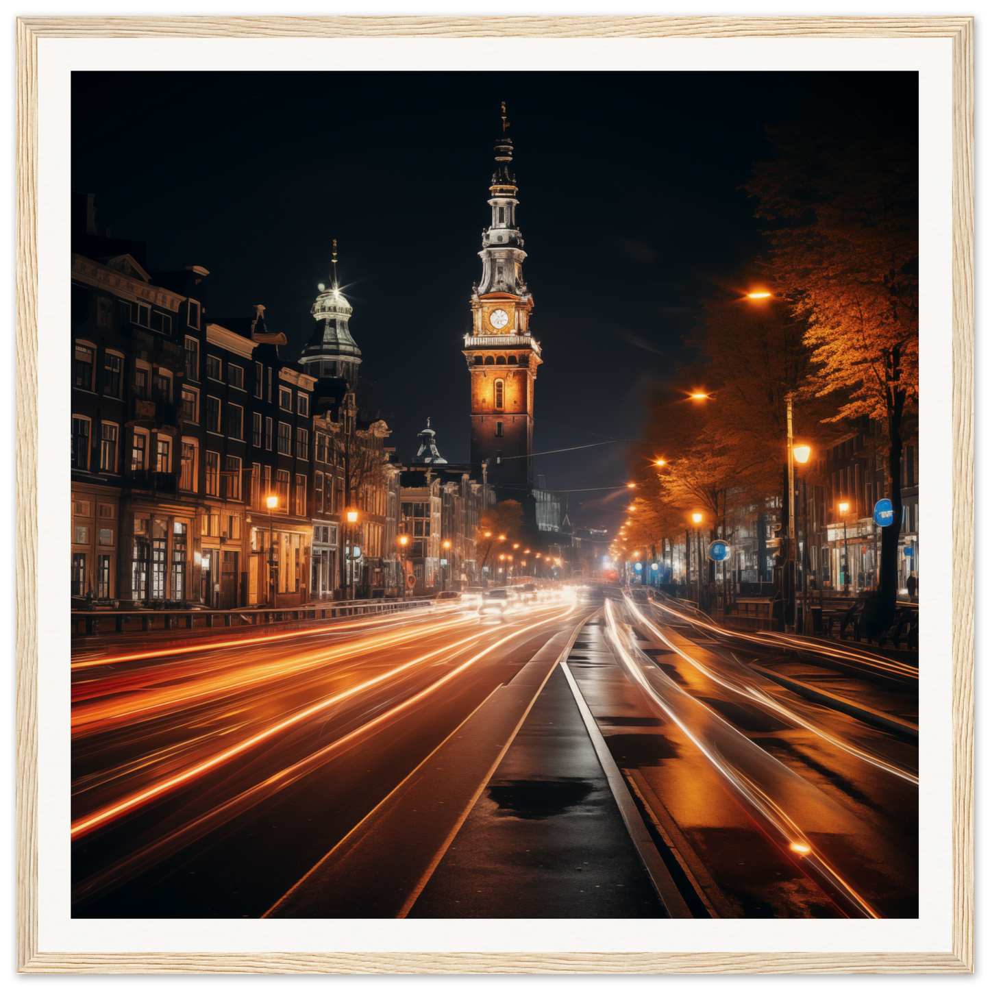 Illuminated church tower with traffic light trails in Clockwork City Glow framed poster