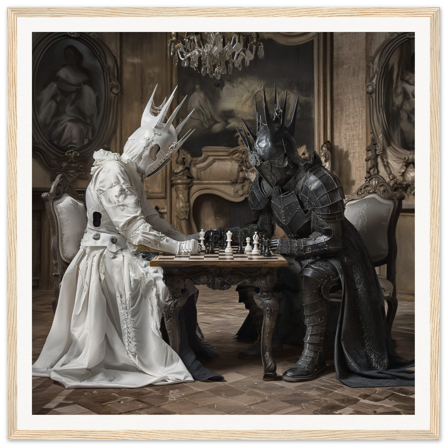 Two armored figures engaged in an intense game of chess from Eternal Chess Struggle