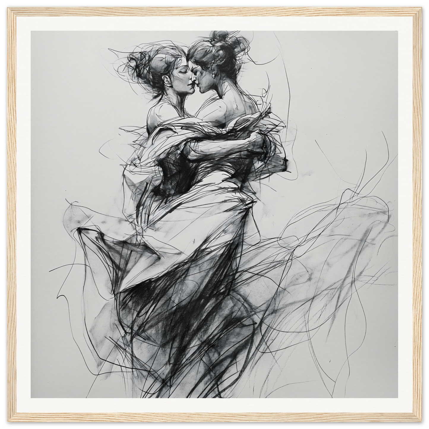 Charcoal sketch of dancers in embrace, Fluid Embrace Reverie framed wall art