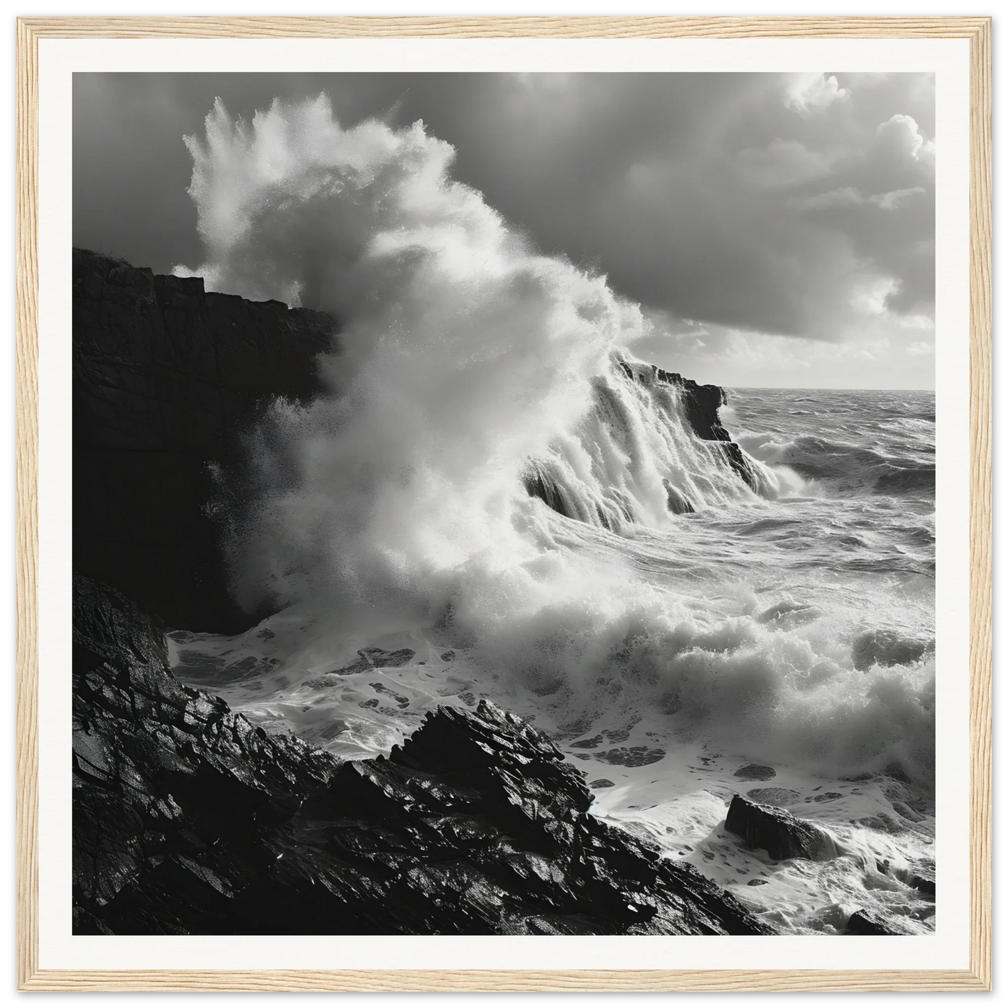Foamy Abyss Wails captures a powerful wave crashing against dark rocky cliffs