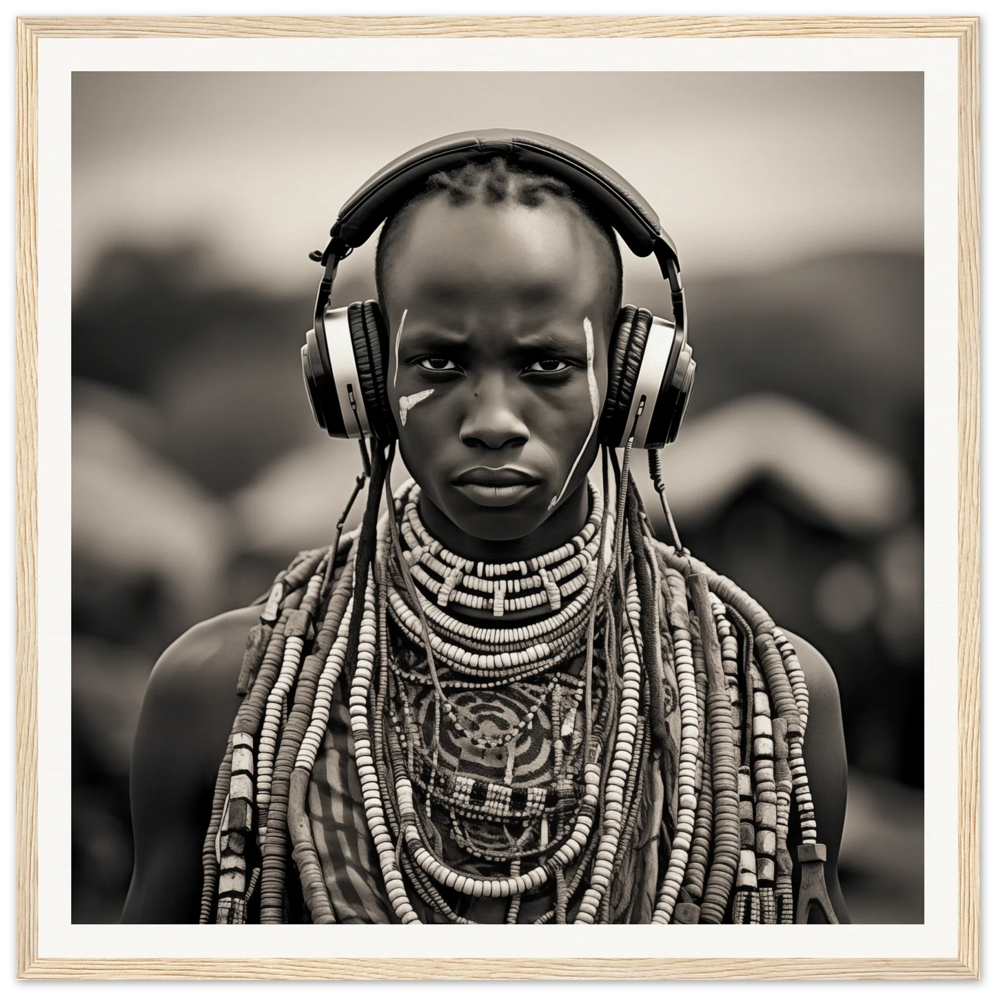 Striking portrait of traditional African necklaces and modern headphones for Headphones & Heritage
