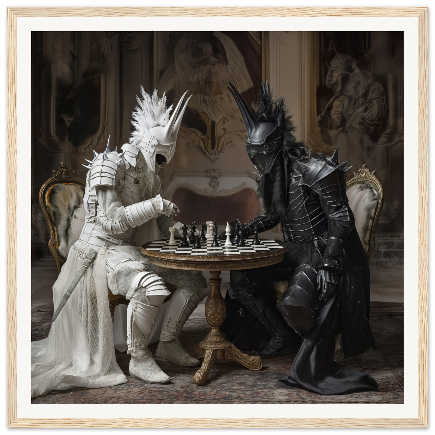 Two armored figures clash in chess at a table in the Iron Clash Atlas special edition art