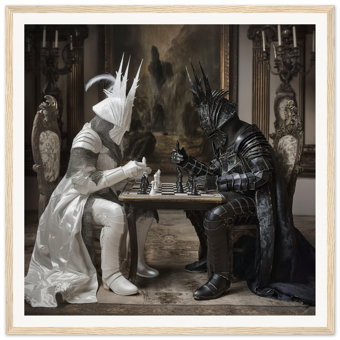 Two armored figures facing off in a Knightly Psyche Duel at a chess table