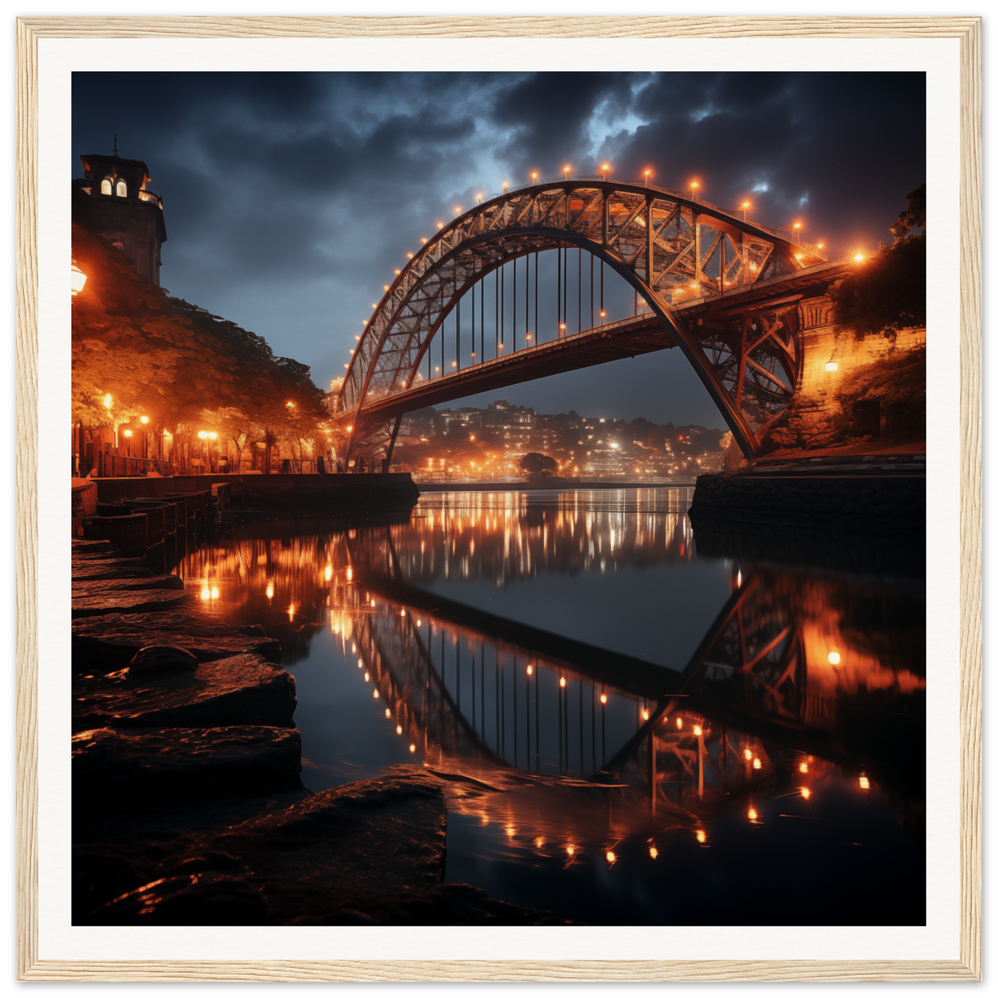 Illuminated steel arch bridge reflecting in calm water, perfect for Lucid Lightways art