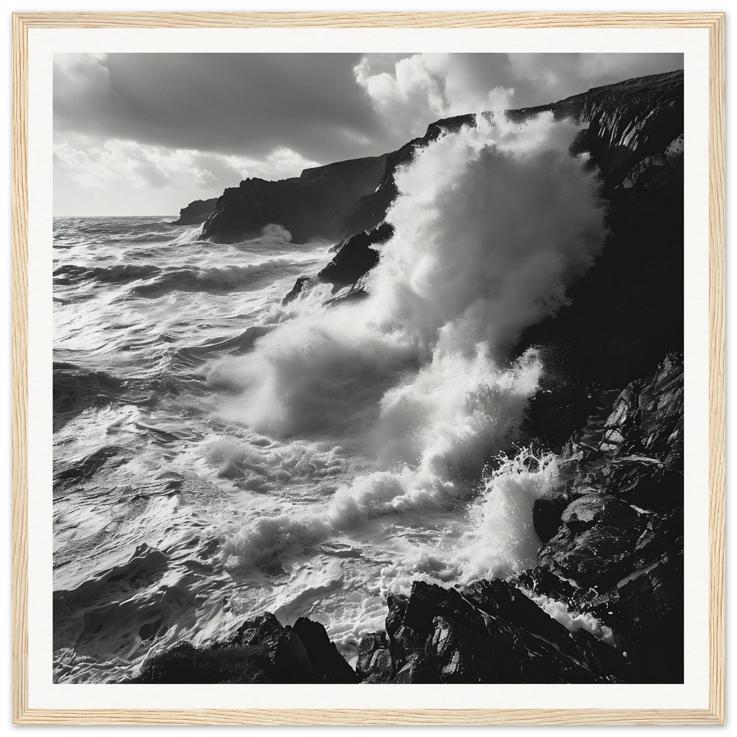 Powerful ocean waves crash on rocky cliffs in Oceanic Reverie Clash art print