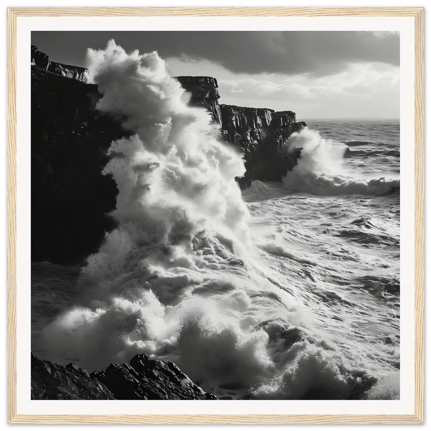 Powerful ocean waves crash on rocky cliffs in Oceanic Thunder Locks framed poster