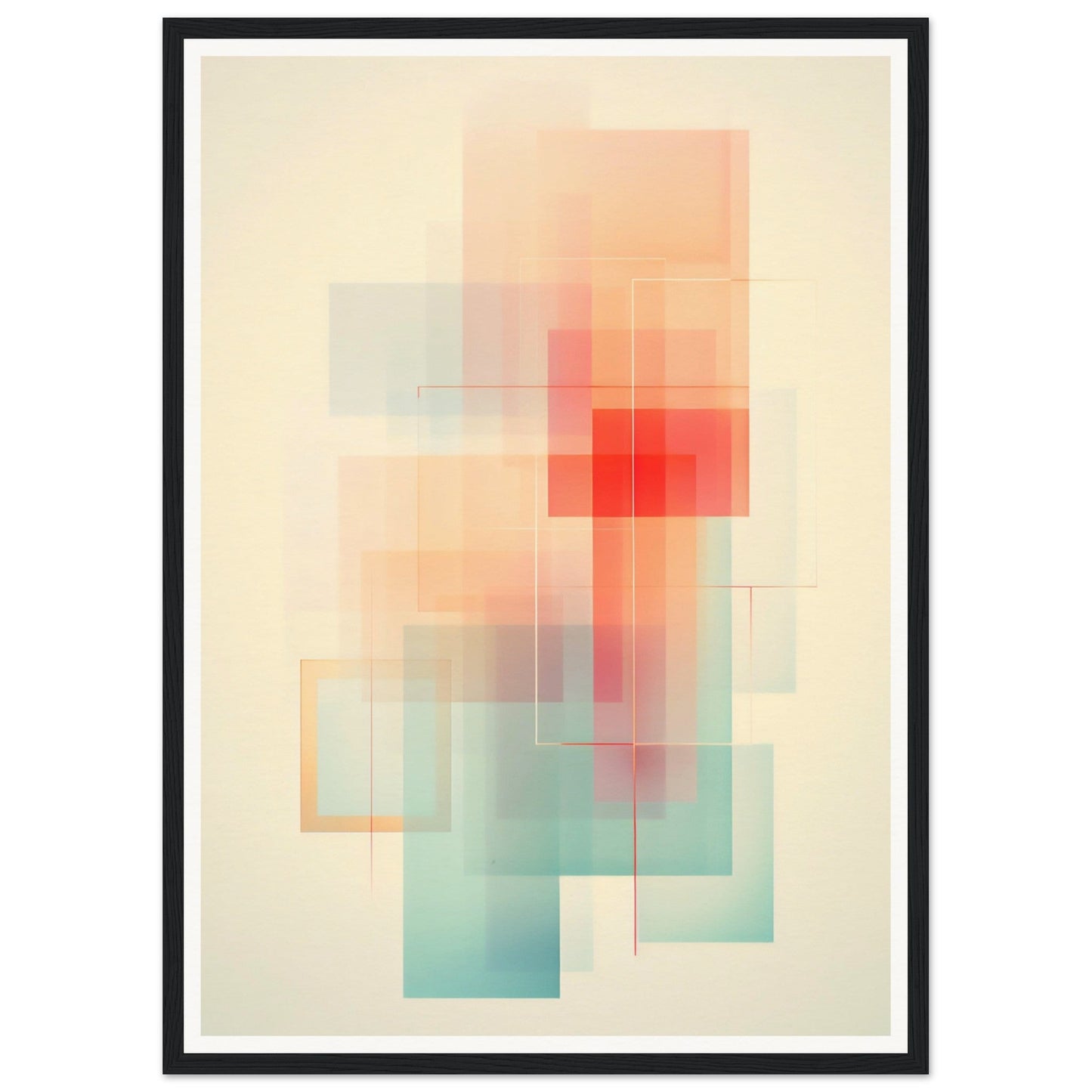 Abstract geometric artwork featuring overlapping translucent rectangles in soft pastel colors.