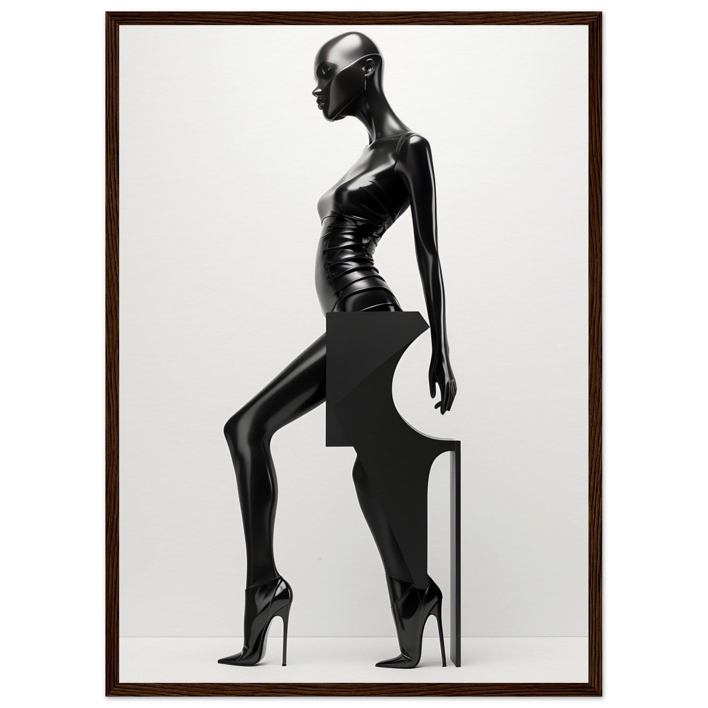 Sleek, stylized black mannequin in a striking pose wearing high heels.