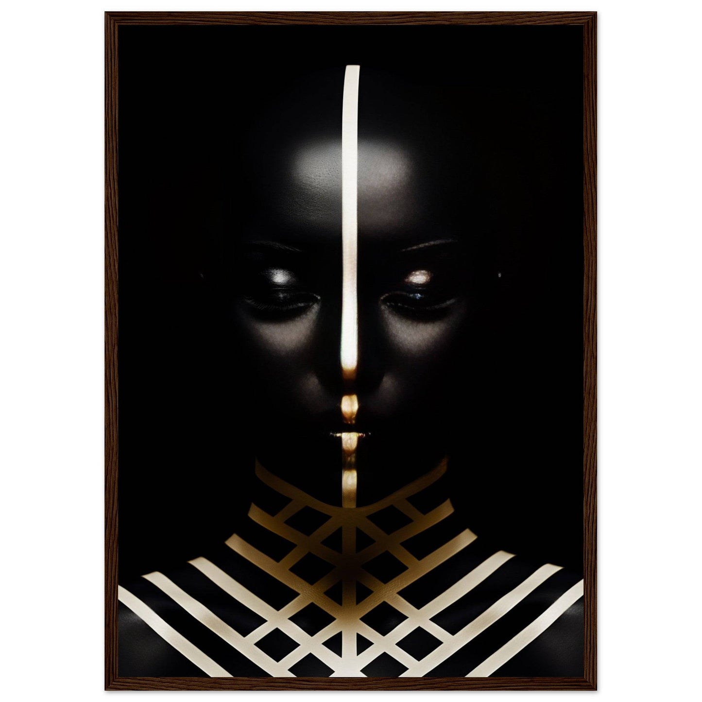 Striking portrait of a person with dark skin against a black background, featuring geometric gold and white patterns.