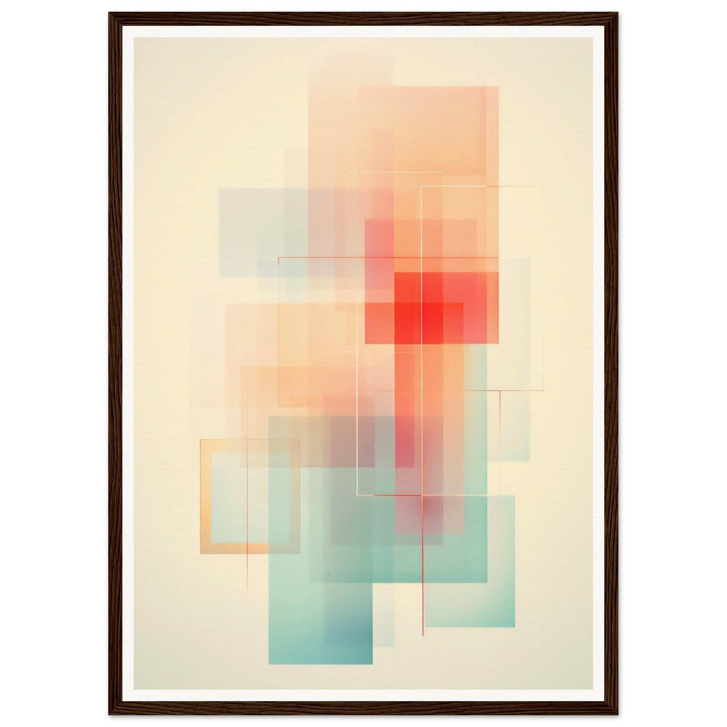 Abstract geometric artwork featuring overlapping translucent rectangles in soft pastel colors.