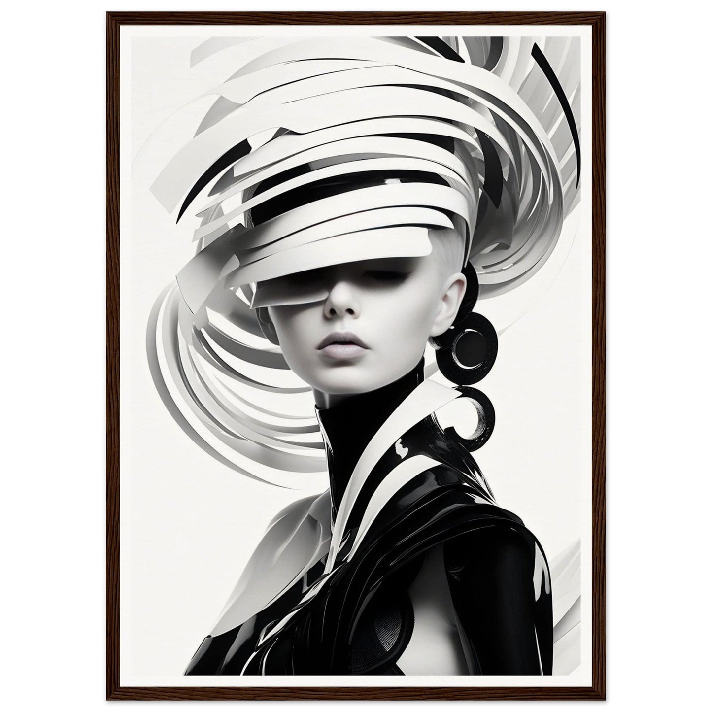Striking black and white portrait featuring a figure wearing an elaborate swirling headdress and large hoop earrings.