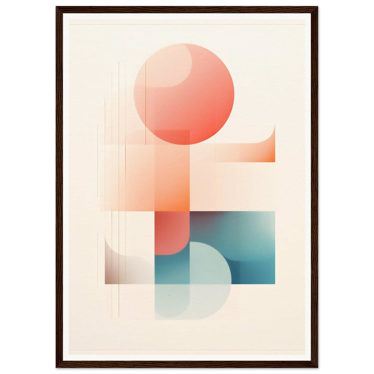 Abstract geometric composition featuring soft-hued circles and rectangles in coral and teal tones.