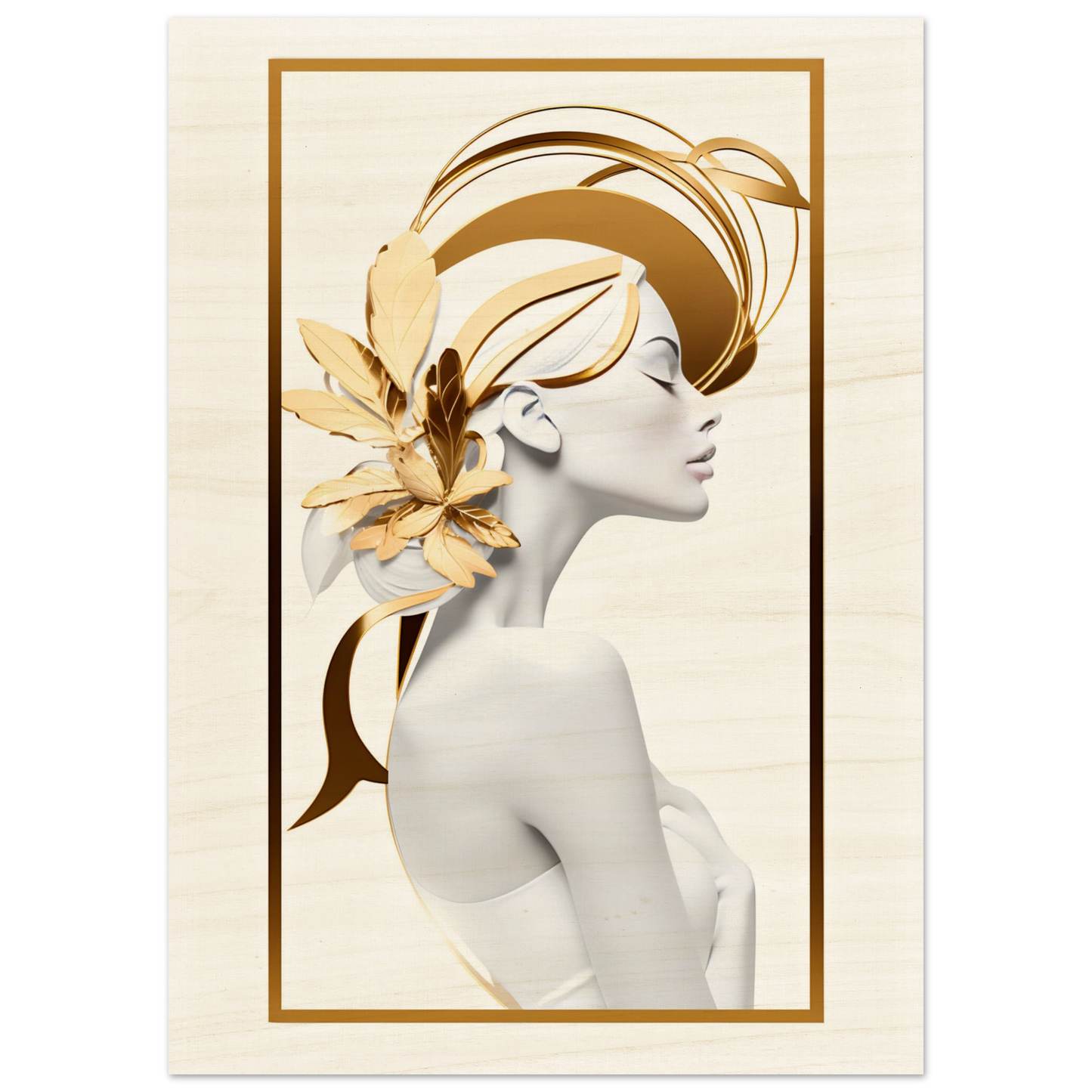 Stylized profile of a woman with golden floral elements and abstract shapes adorning her head.
