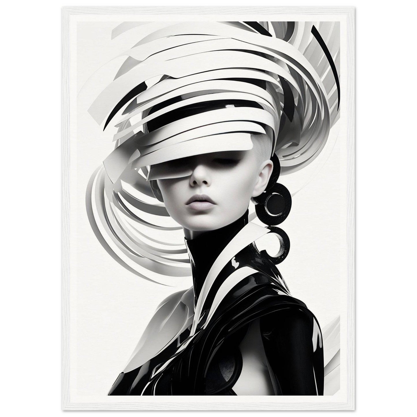 Striking black and white portrait featuring a model wearing an avant-garde swirling headdress.