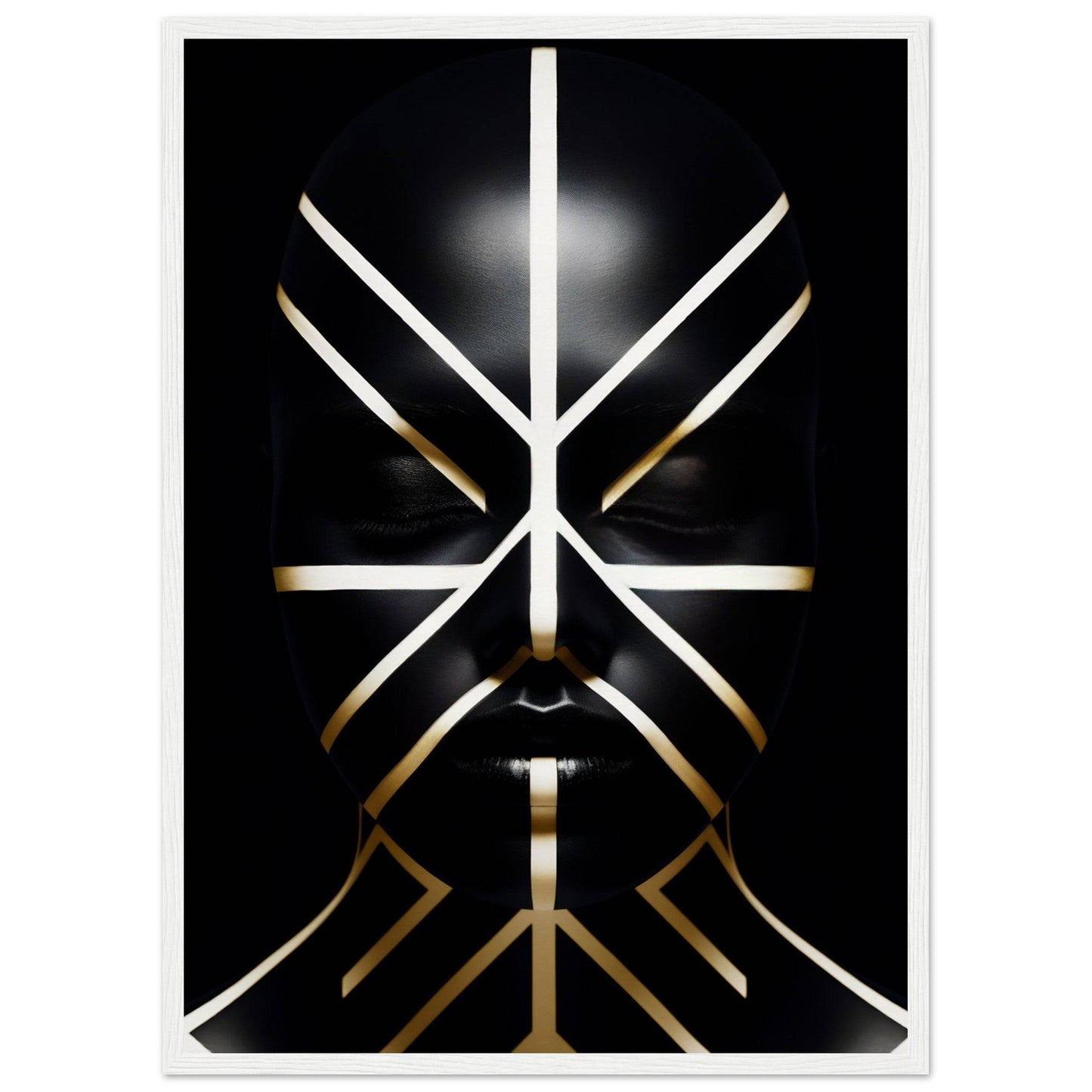 Stylized geometric face design composed of white and gold lines on a black background.