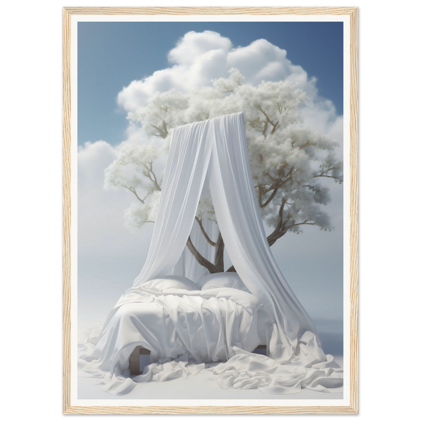 Canopy bed with white drapes surrounded by cloud-like trees.