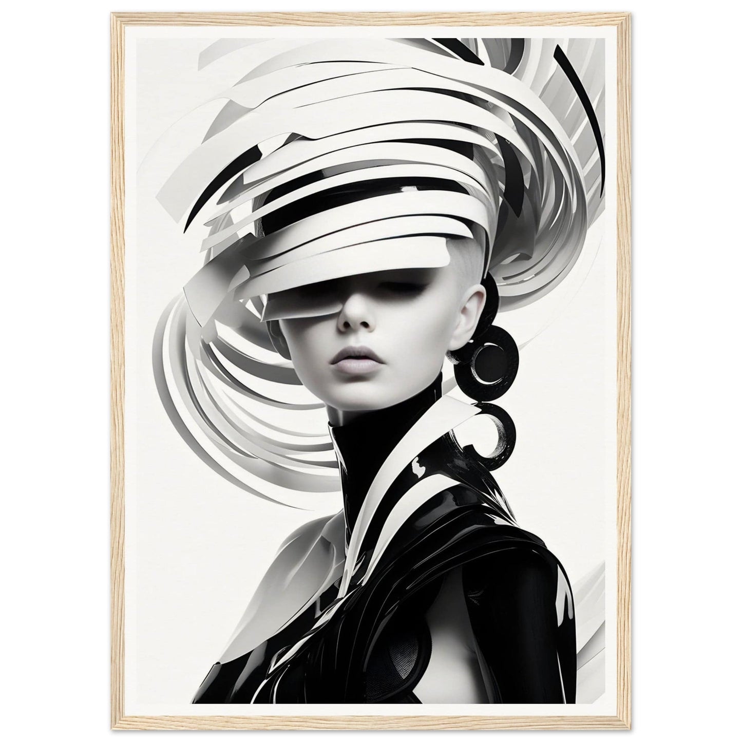 Striking black and white portrait featuring a figure wearing an elaborate swirling headdress and large hoop earrings.
