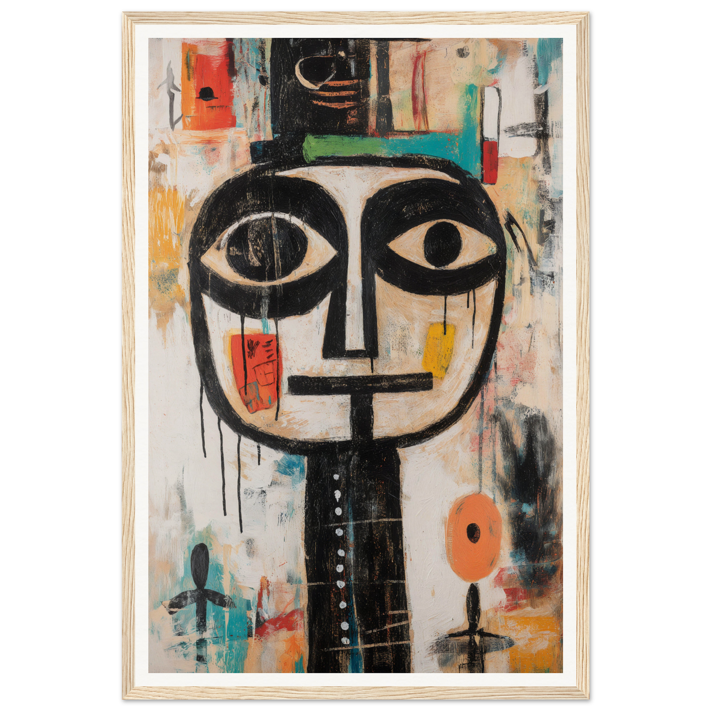 Framed abstract face with large eyes, geometric shapes in vibrant colors for room decor.