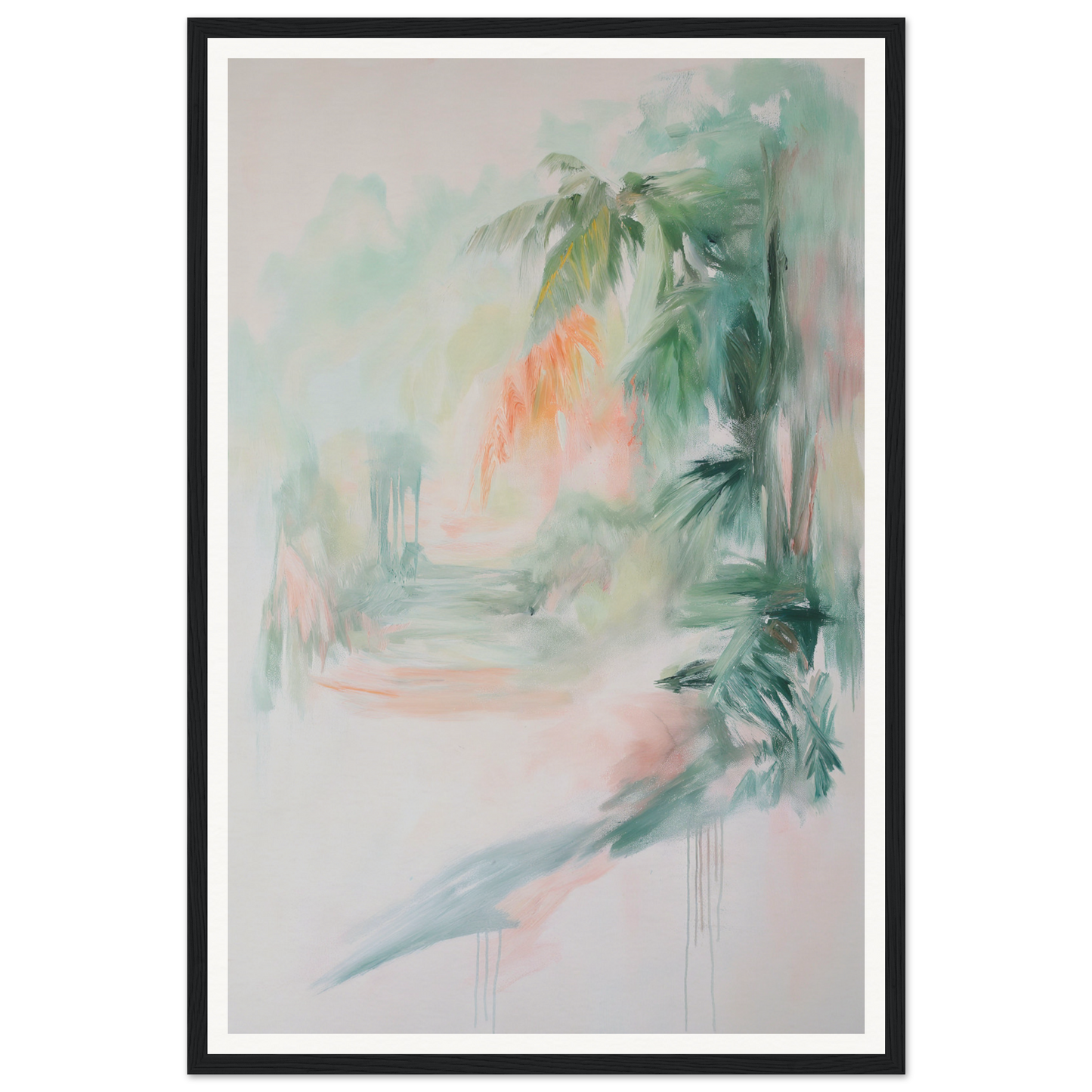 Framed abstract painting with green, pink, and orange brushstrokes resembling tropical foliage.