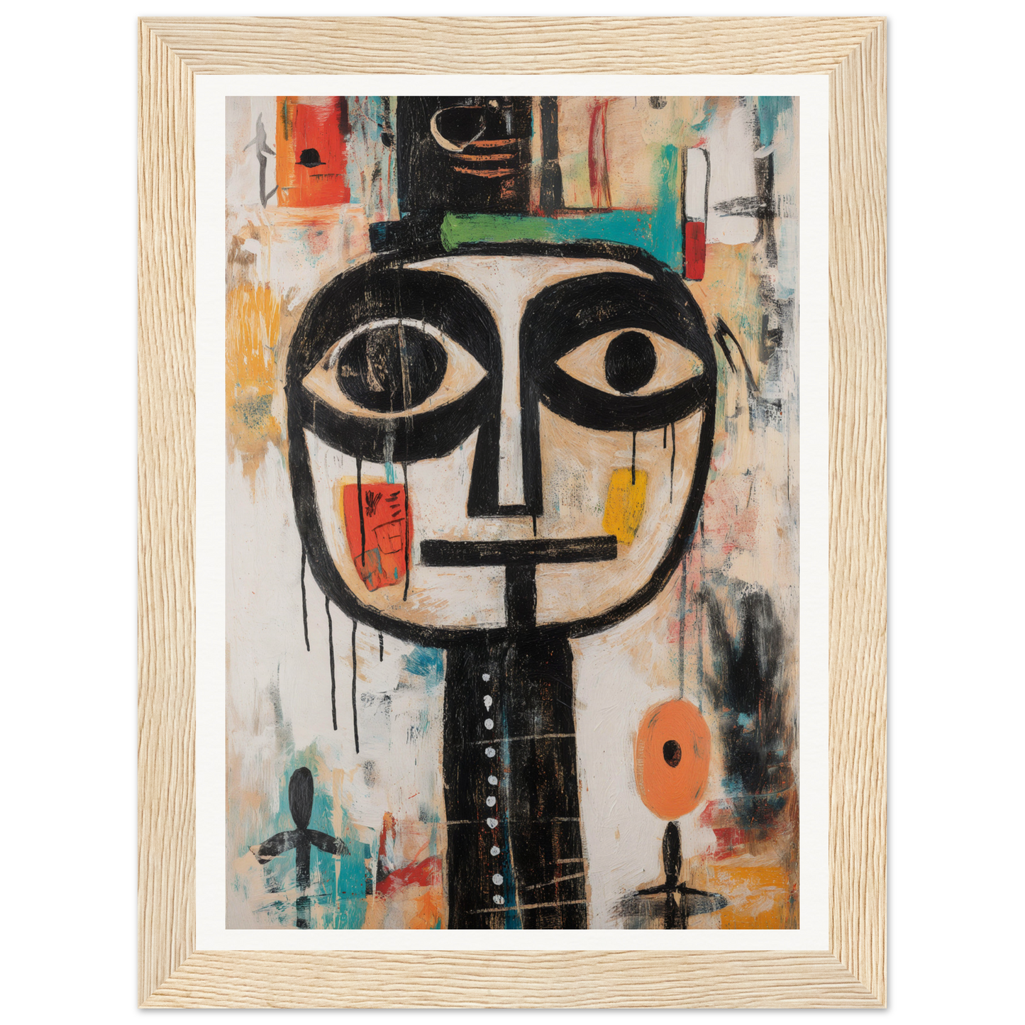 Abstract painting of a stylized face with bold eyes, perfect framed wall art for any room.