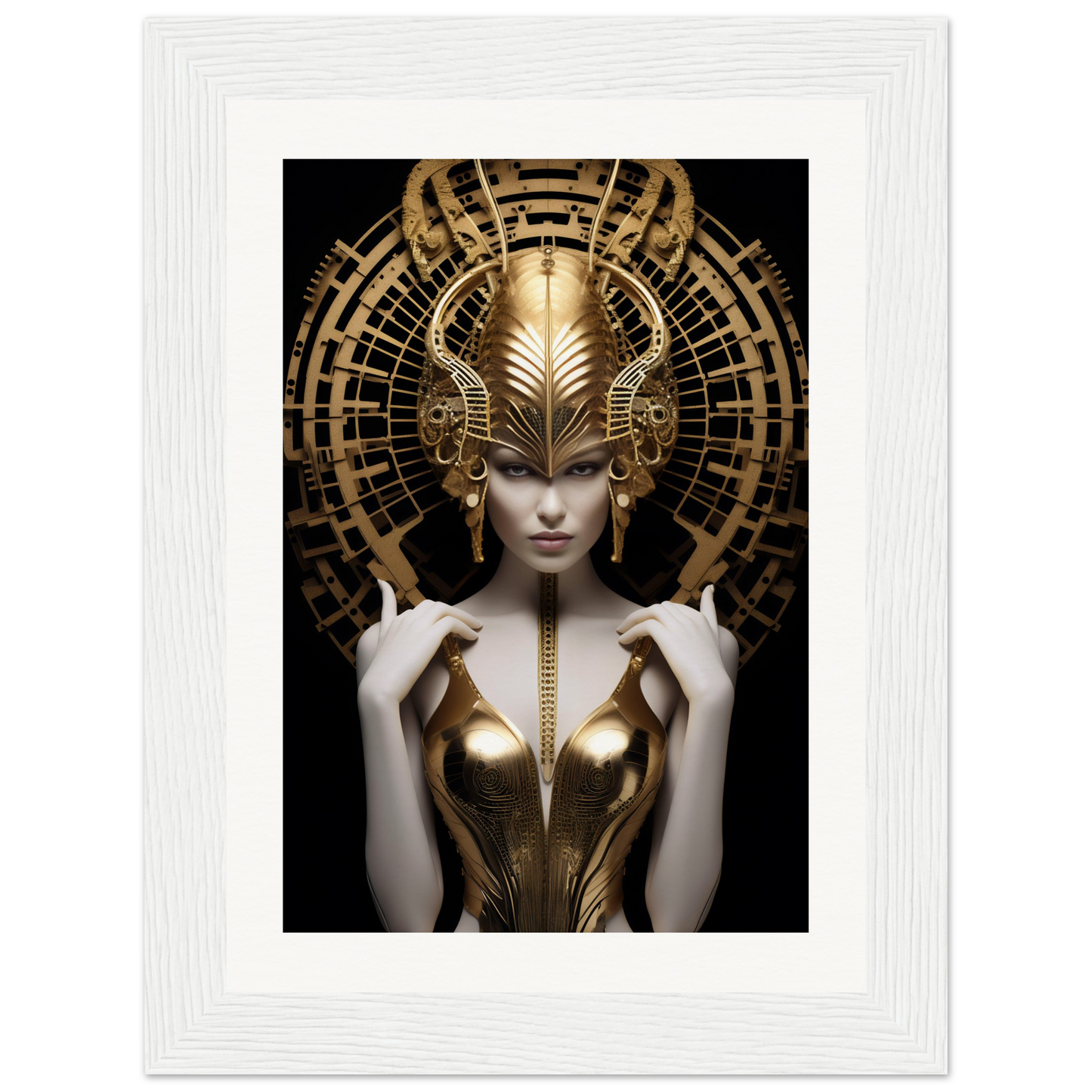 Ornate golden headdress and bodice adorning a pale figure against a dark background.