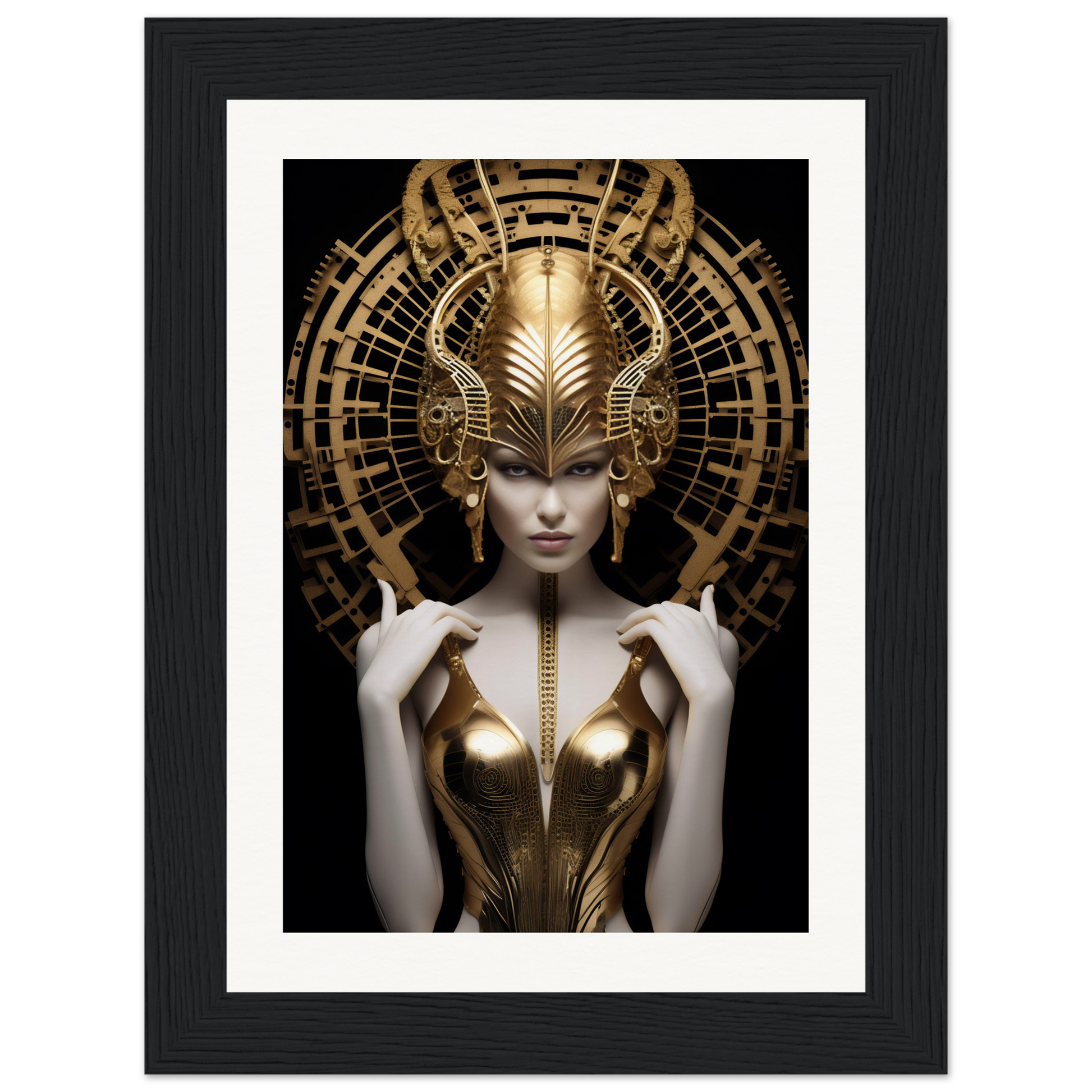 Futuristic female figure wearing an ornate golden headdress and metallic bodice.