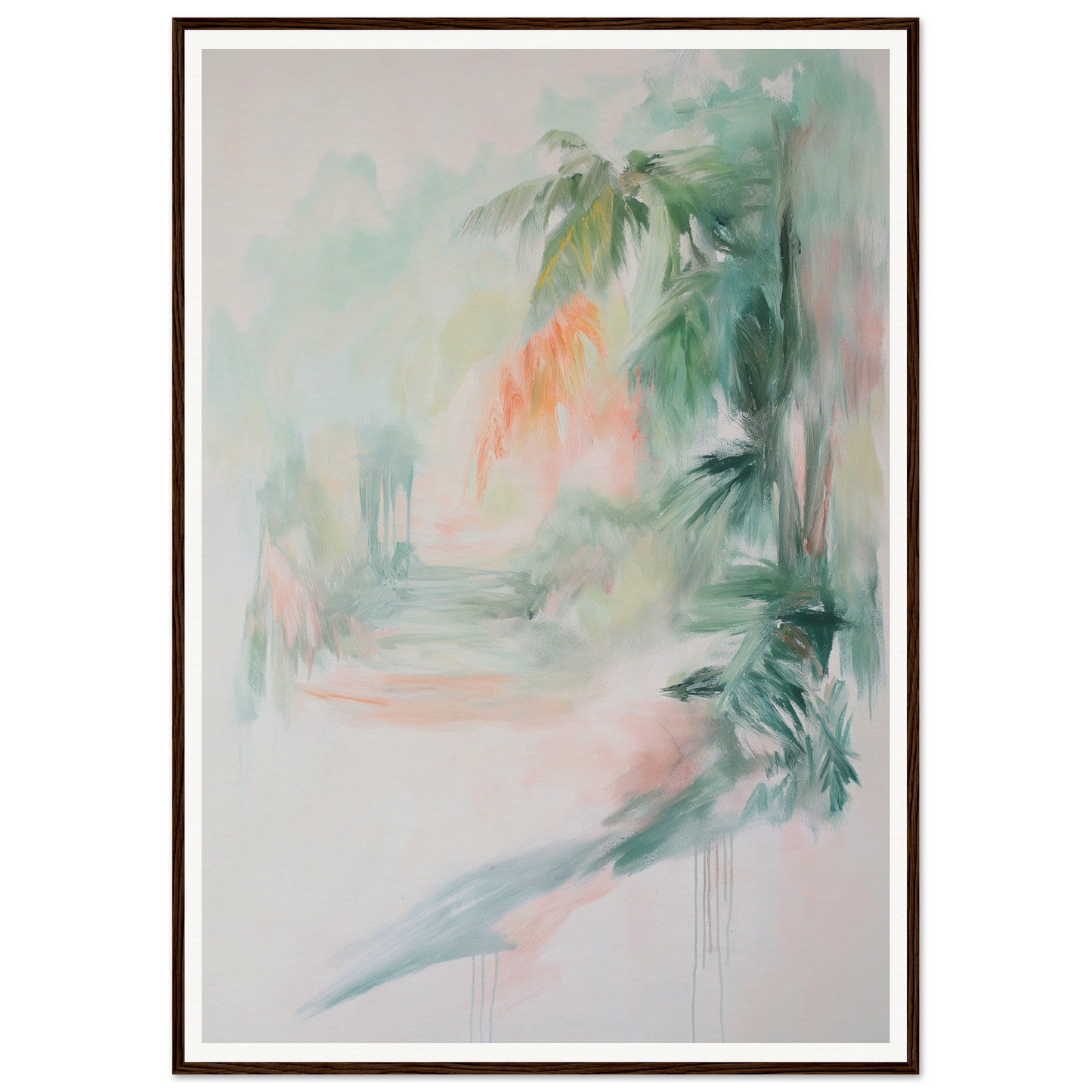 Framed abstract painting with soft, blurred foliage in greens, pinks, and oranges.