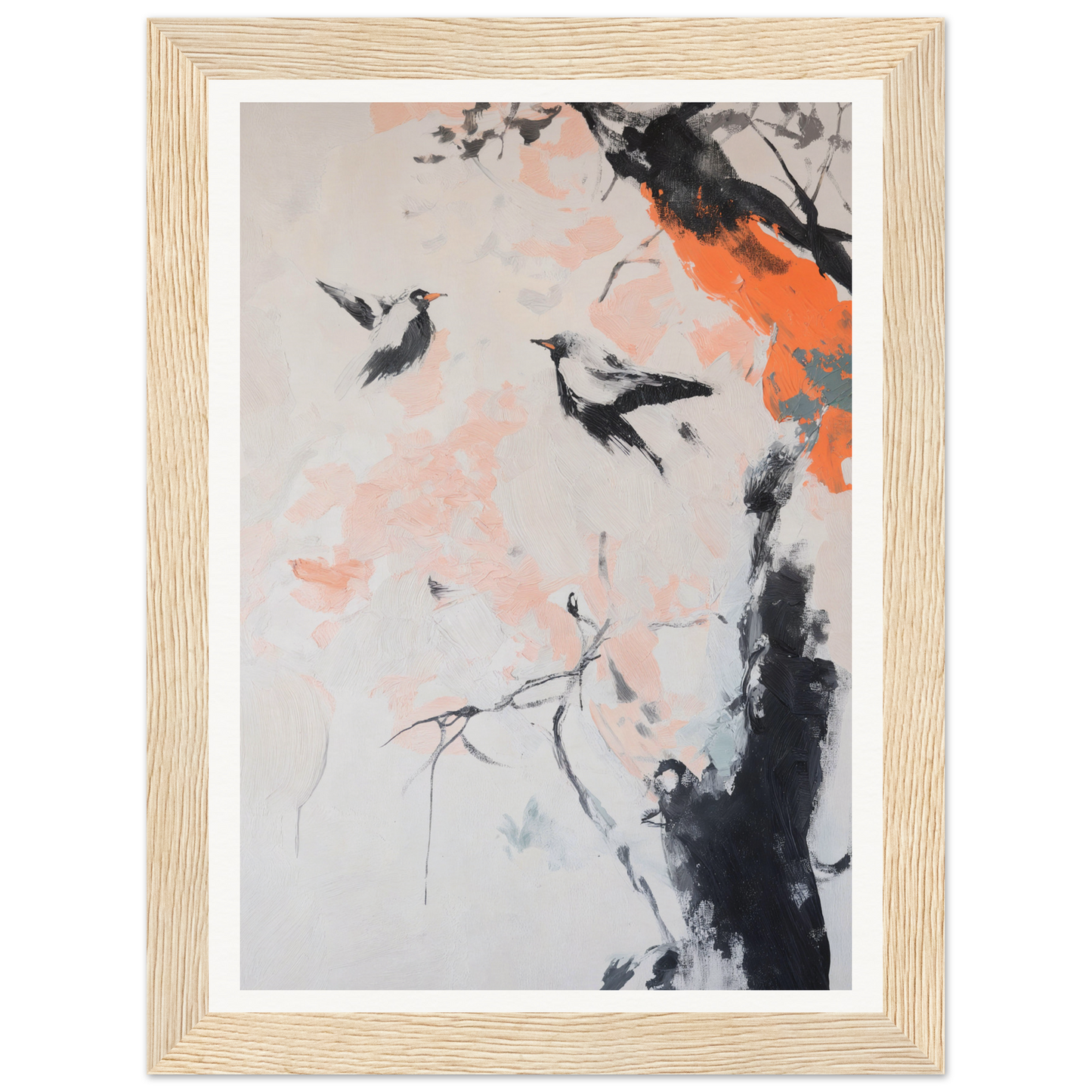 Framed wall art of two birds flying near a tree with orange and pink blossoms.
