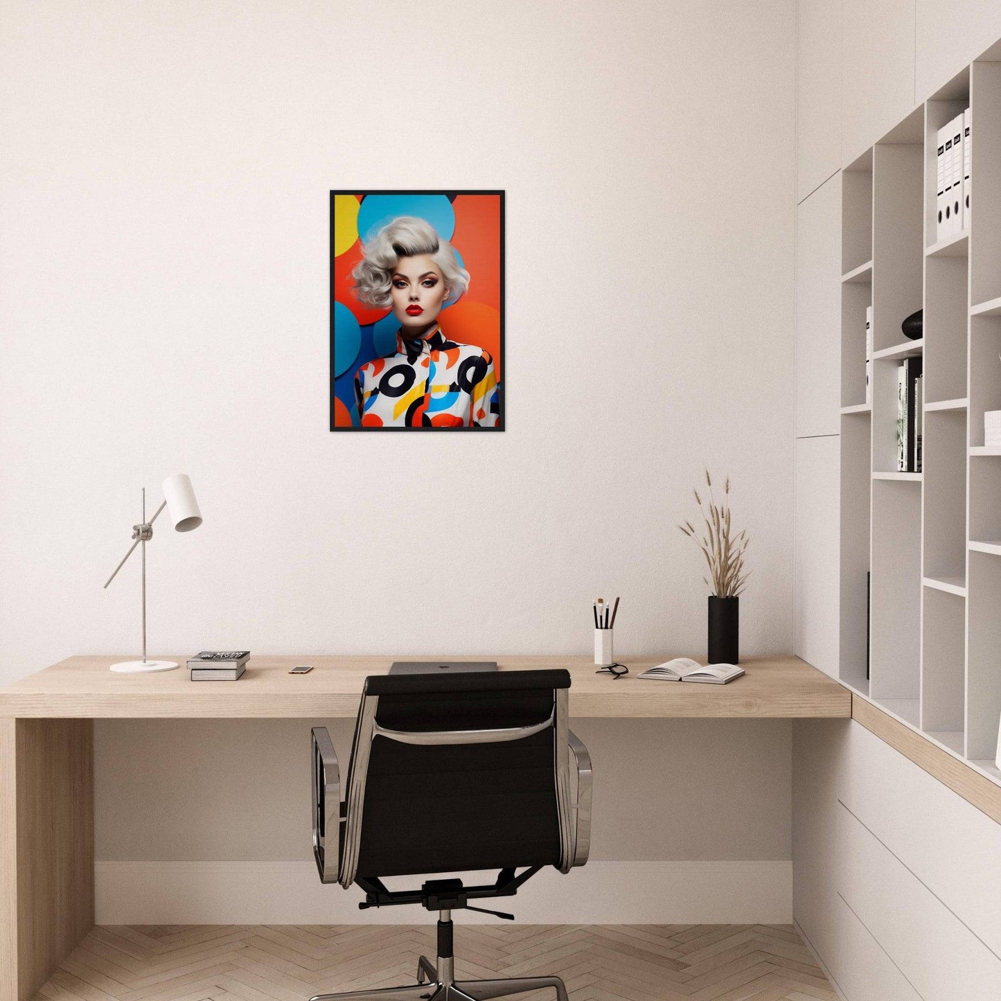 Colorful pop art-style portrait of a woman with blonde hair hanging on a wall.