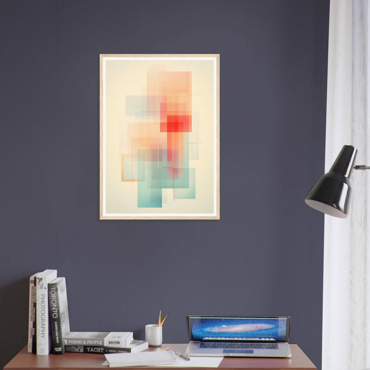 Abstract geometric artwork featuring soft pastel colors with a prominent red square shape.