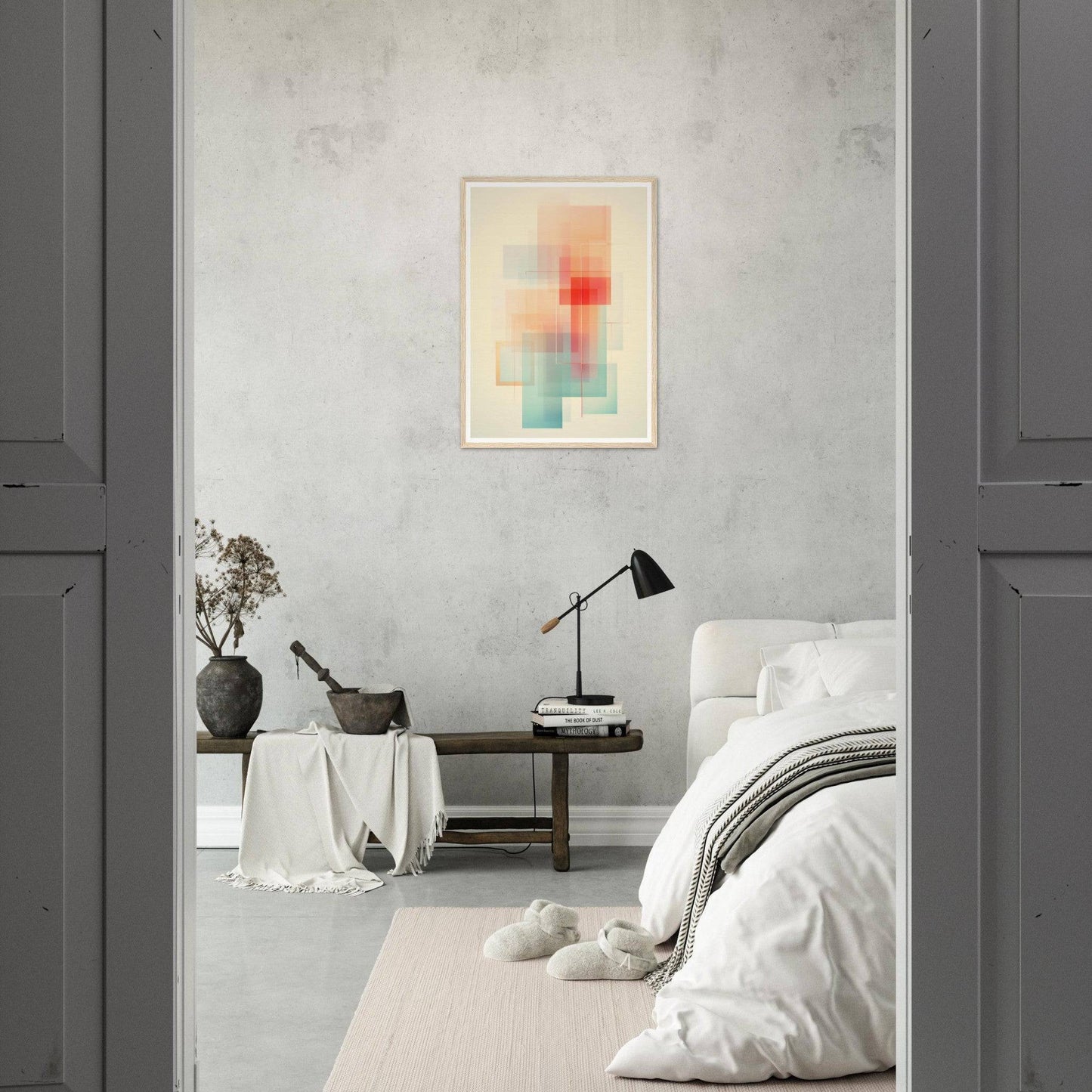 Minimalist bedroom with a soft color palette and abstract wall art.