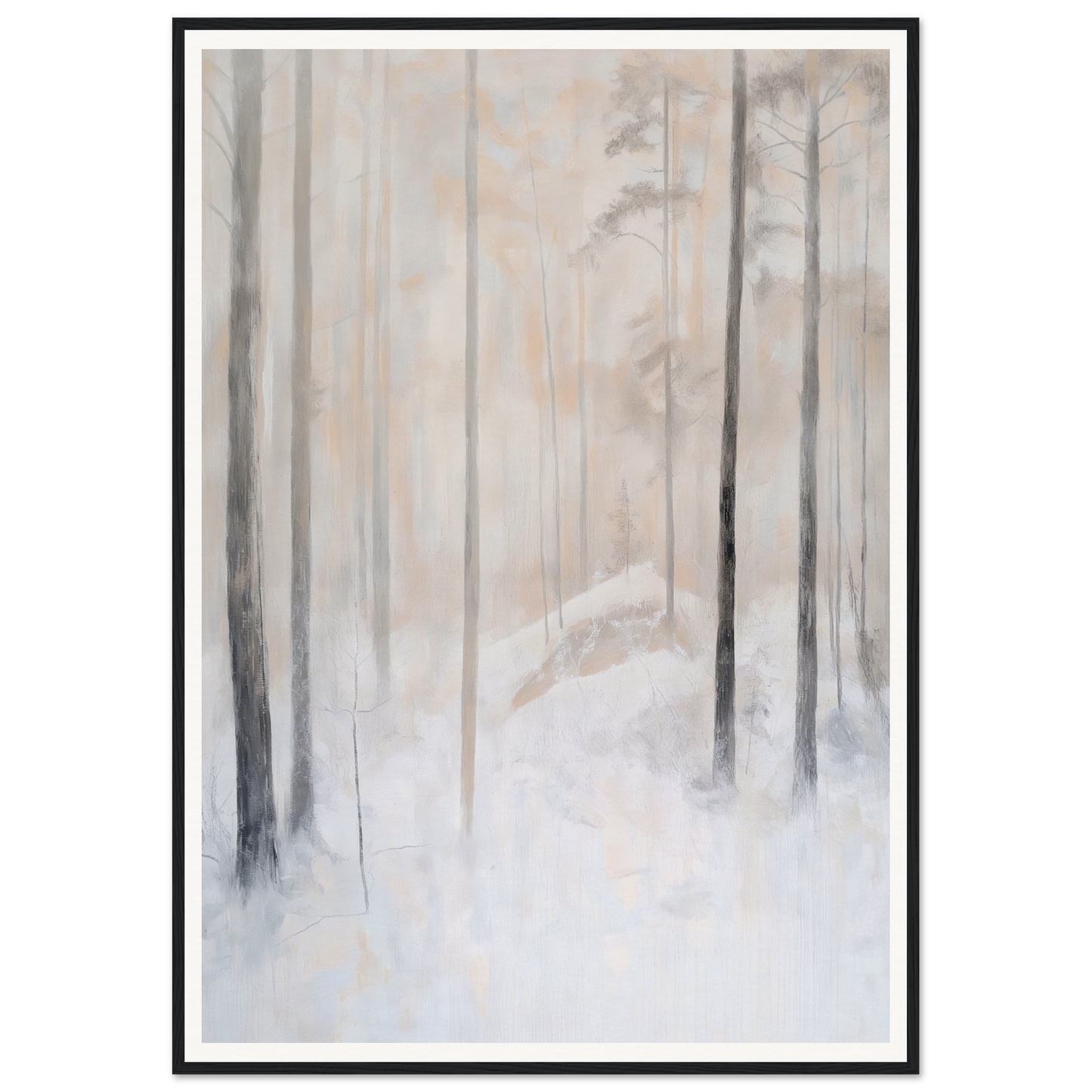 Framed wall art of a foggy forest with tall, thin trees and snow-covered ground.