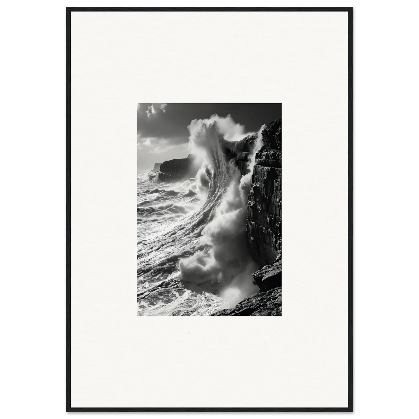Powerful ocean wave crashing on cliffs in Tidal Curved Reality framed wall art