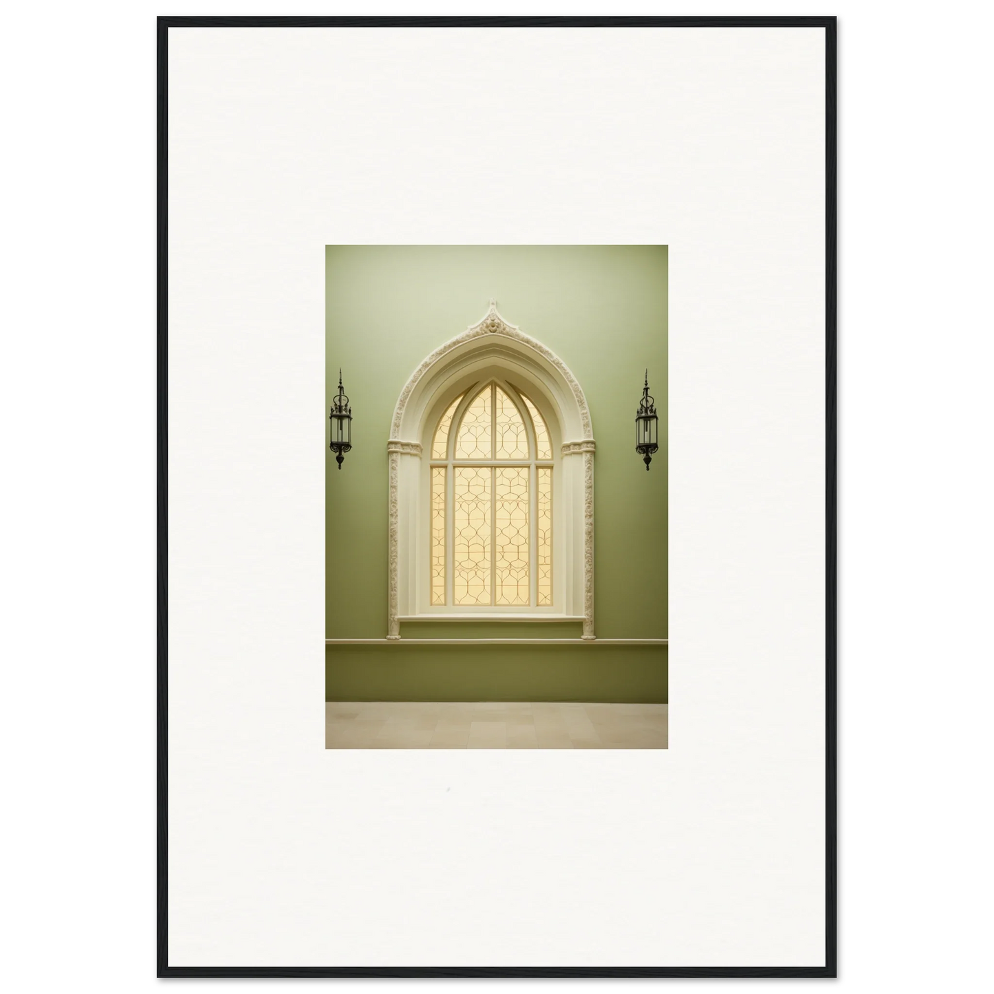 Gothic-arched window with lace curtains in Opalescent Tranquility Dwelling art piece