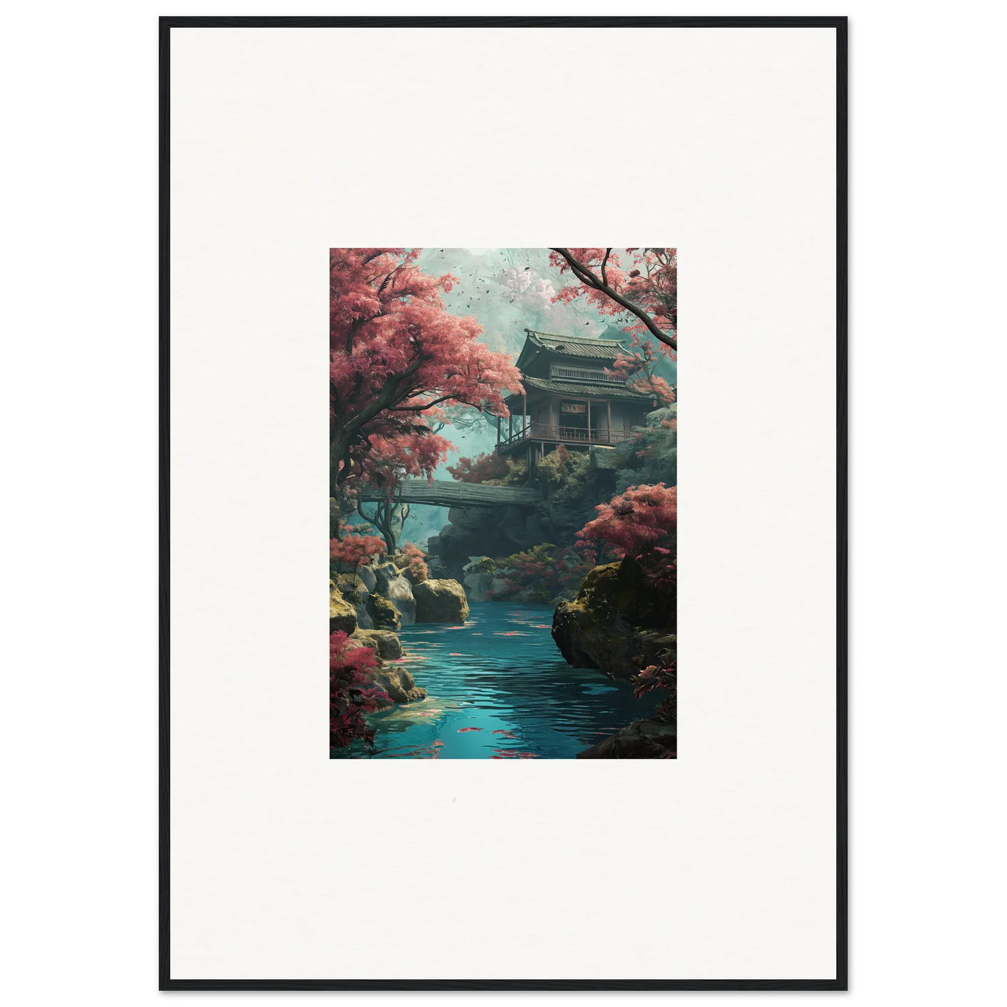 Traditional Japanese pagoda and bridge over turquoise water in Serenity’s Dreamscape art