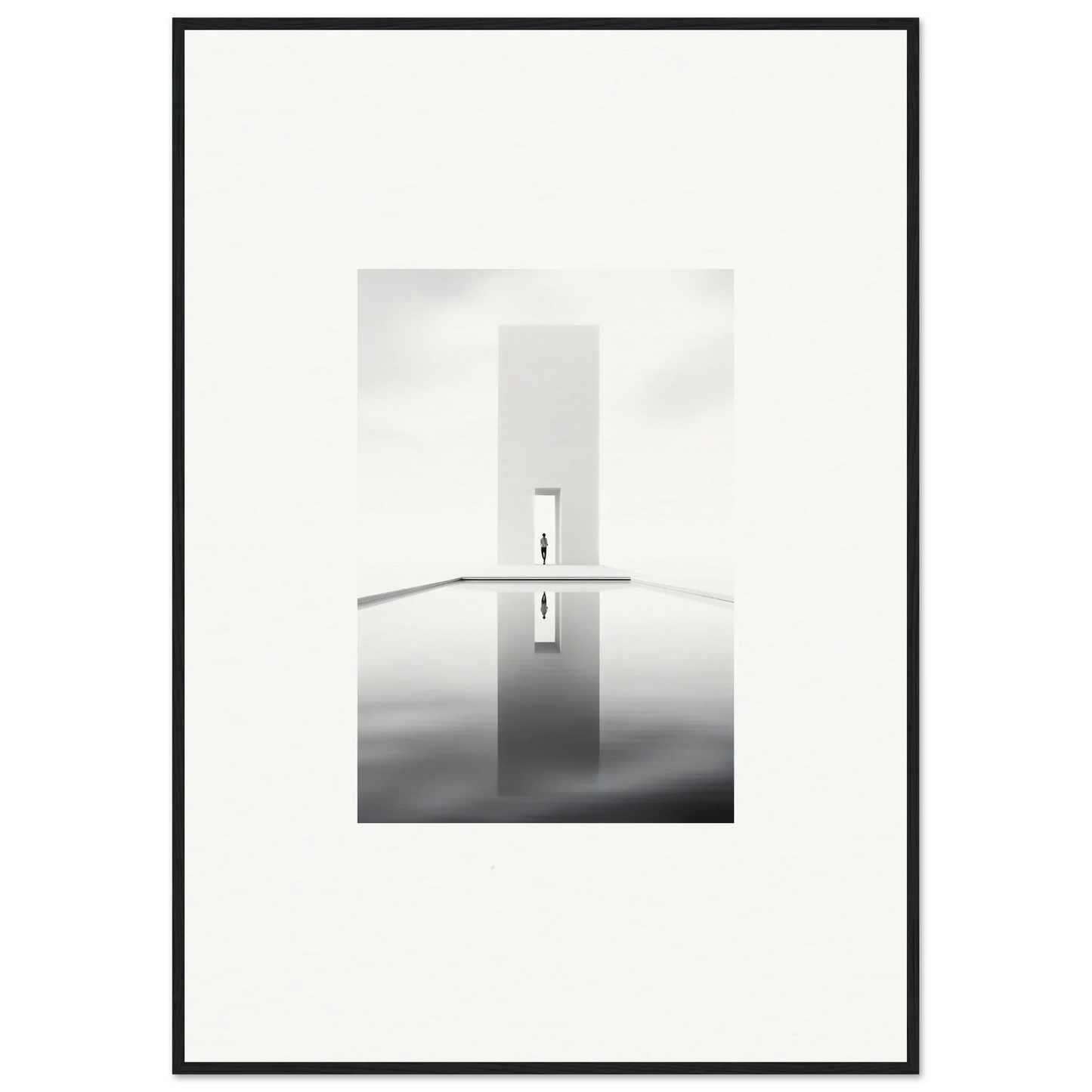 Minimalist black and white tower reflection art from Dreamer’s Vanishing Silhouette