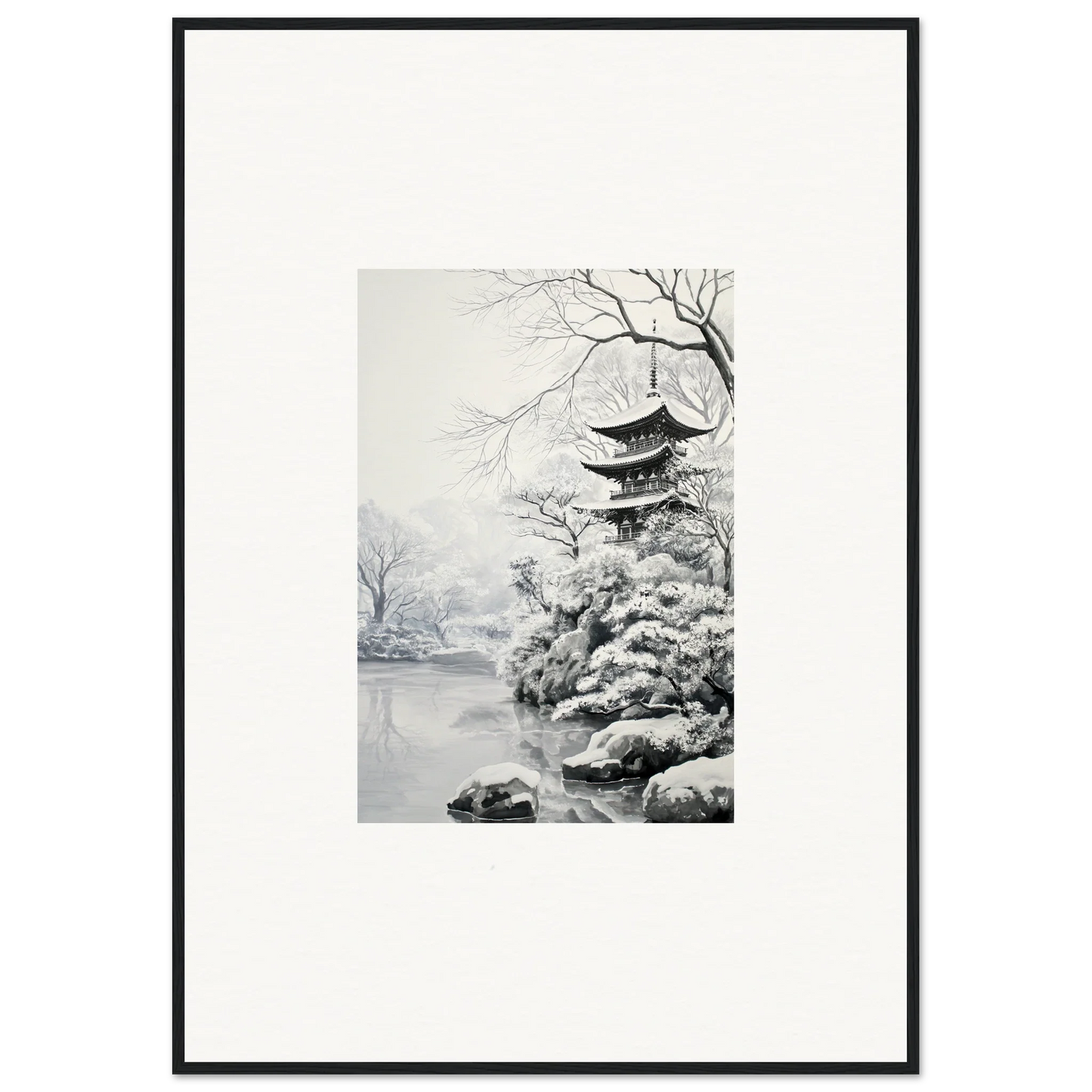 Black and white ink art of a Japanese pagoda in winter for Crystallized Blossom Oasis