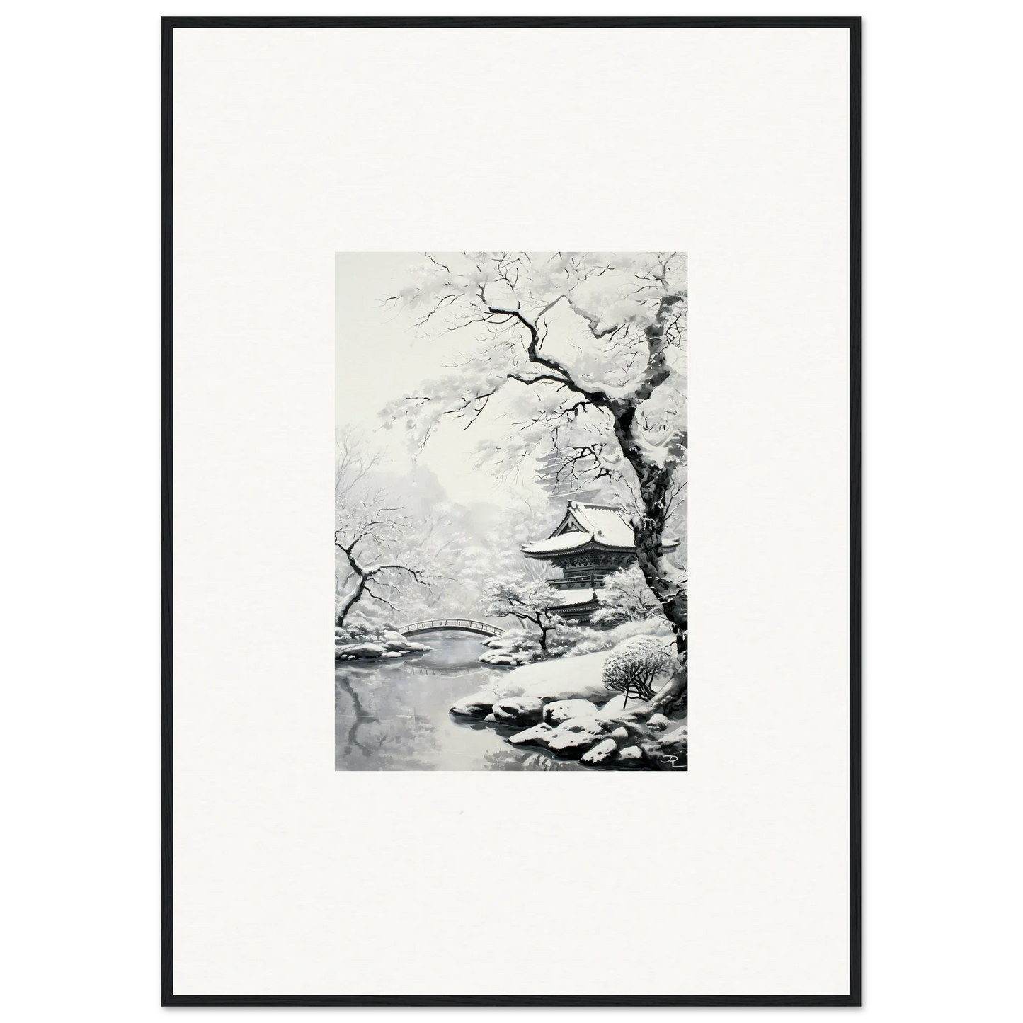 Black and white ink painting of a snow-covered pagoda for Winter Embrace Whisper
