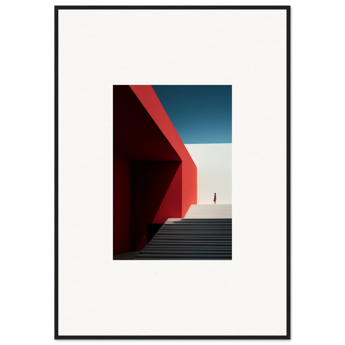 Geometric architectural art with red walls and stairs, perfect for Mesa Quizzes Cascades