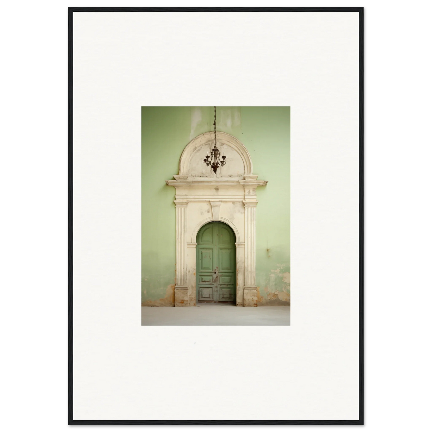 Ornate stone doorway with green double doors from Thresholds Quiet Whisper special edition art™
