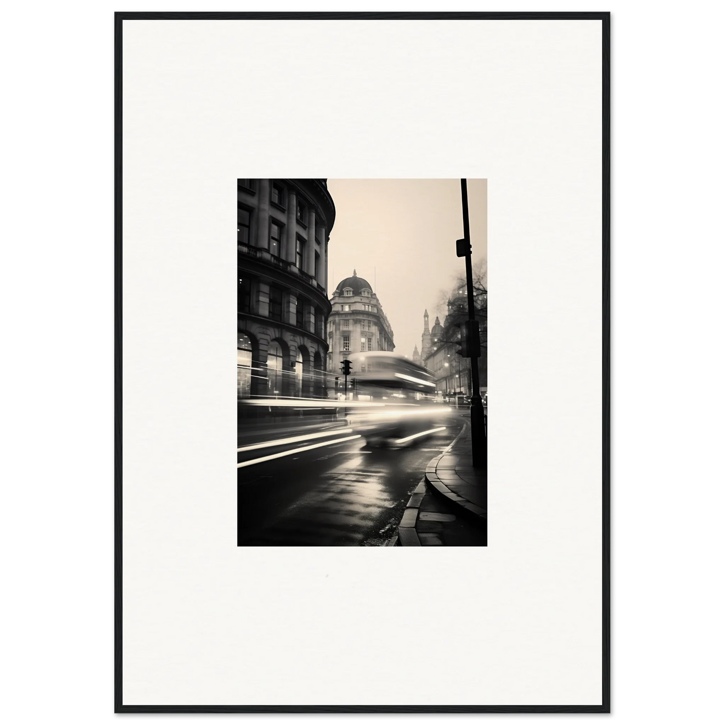 Black and white photo of a rainy city street in Ethereal Citypulse Reverie art™