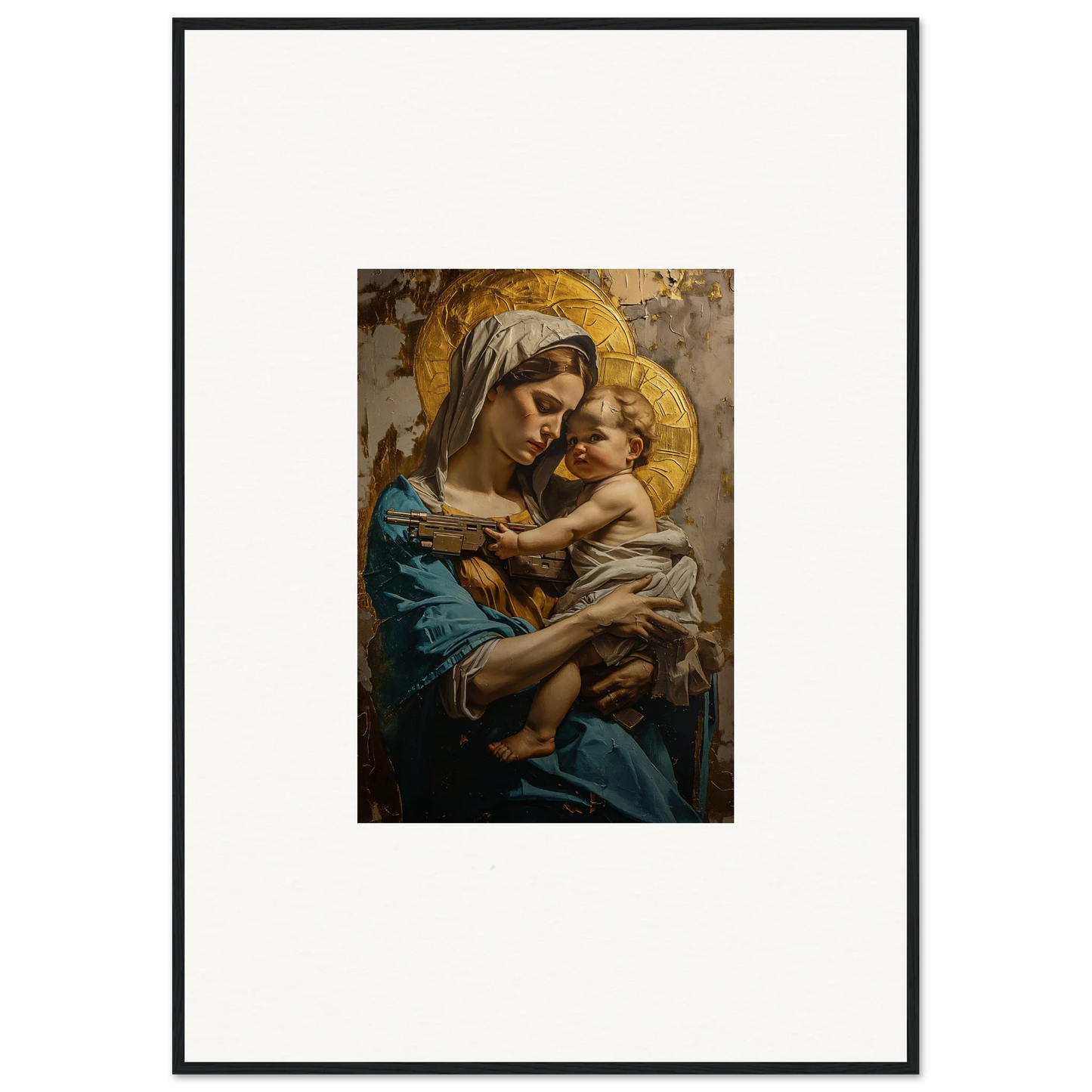 Framed canvas print of Sacred Embrace featuring a woman and baby with golden halos
