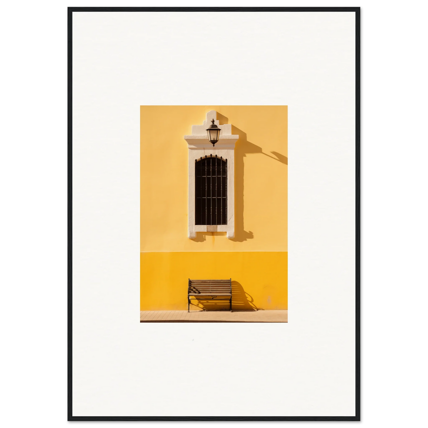 Wooden bench under barred window on yellow wall from Six-light Cult Optionsky art