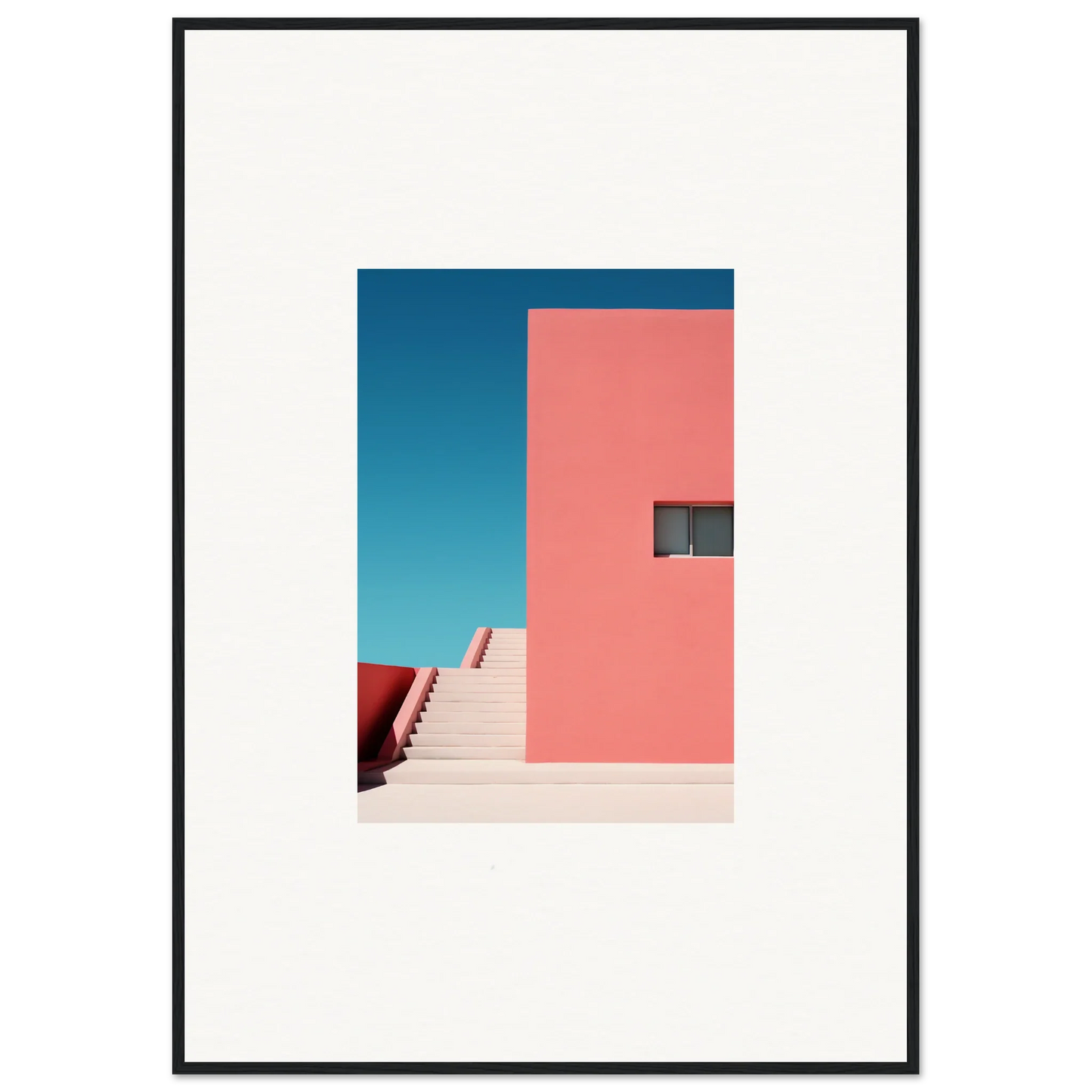 Pink geometric building with stairs under a blue sky for Cerulean Dream Ickles art
