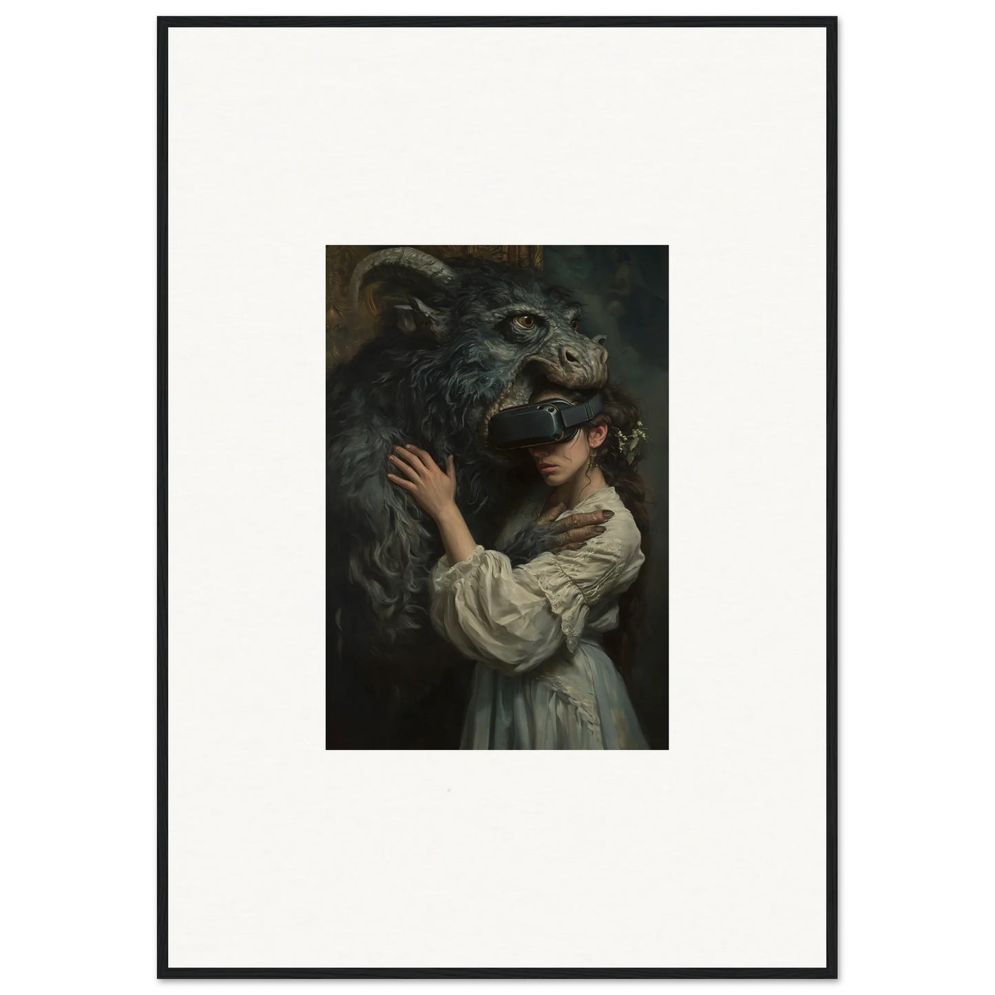 Framed artwork of a figure in a white dress meeting a reality monster creature